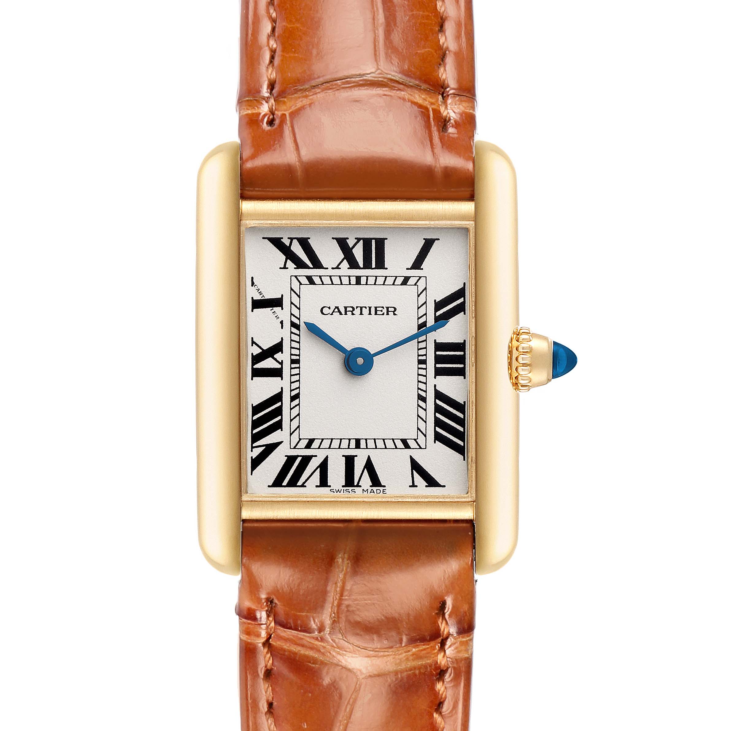 The Cartier Tank Louis W1529856 Women
s Yellow Gold Silver Dial watch is shown from a front angle, displaying its rectangular dial, Roman numerals, and leather strap.