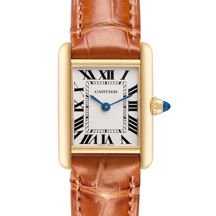 The Cartier Tank Louis (model W1529856) is shown from a frontal angle, featuring its rectangular face, Roman numerals, brown leather strap, and blue gemstone crown.