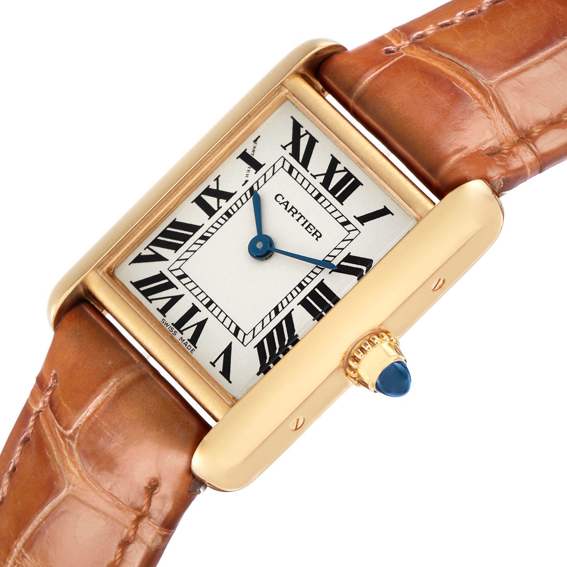 The Cartier Tank Louis W1529856 Women
s Yellow Gold Silver Dial watch is shown from a top-front angle, highlighting its rectangular face, Roman numerals, and leather strap.