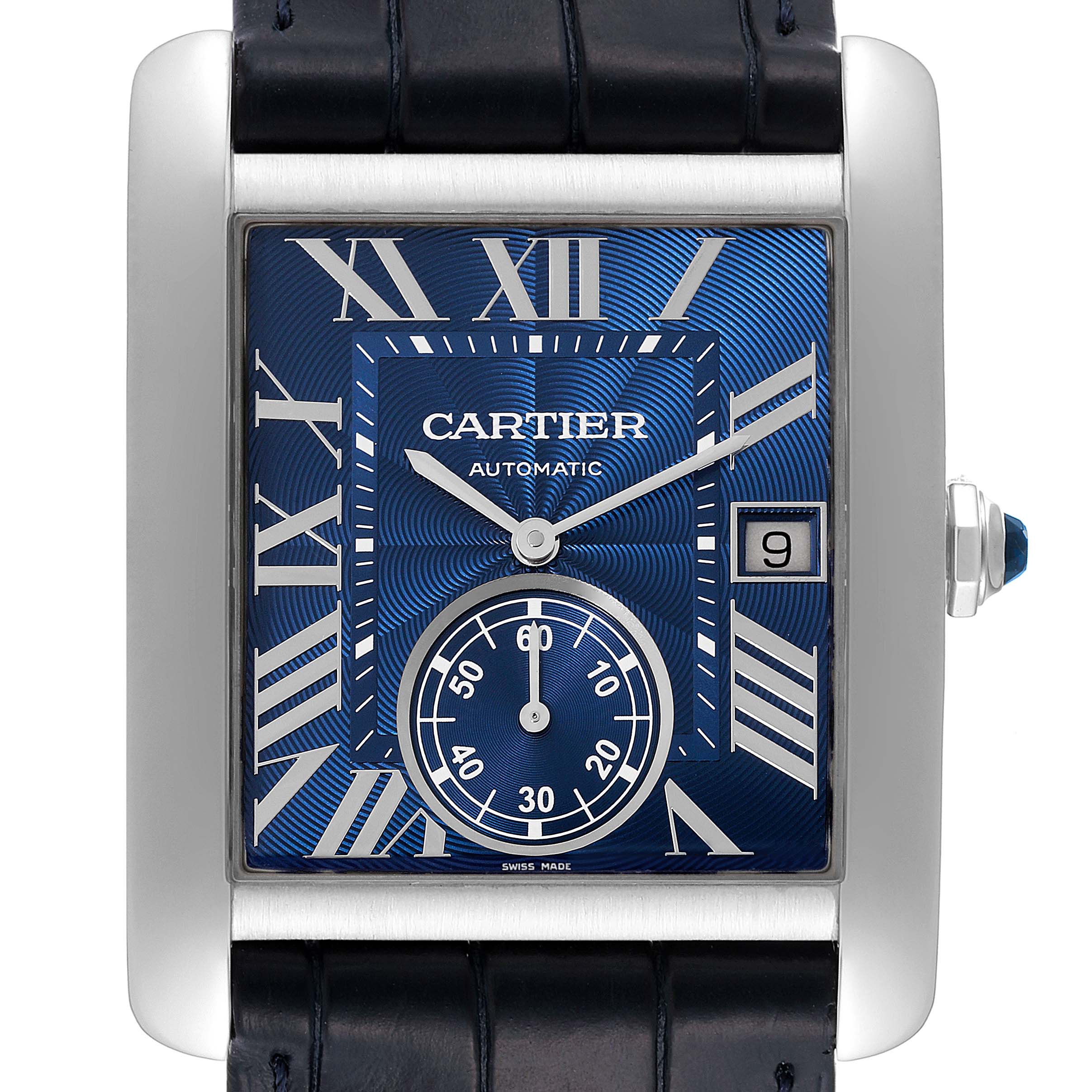 The image shows a close-up front view of a Cartier Tank MC WSTA0010 Men's Stainless Steel Blue Dial WSTA0010 Men's Stainless Steel Blue Dial watch displaying the dial and Roman numeral markers.