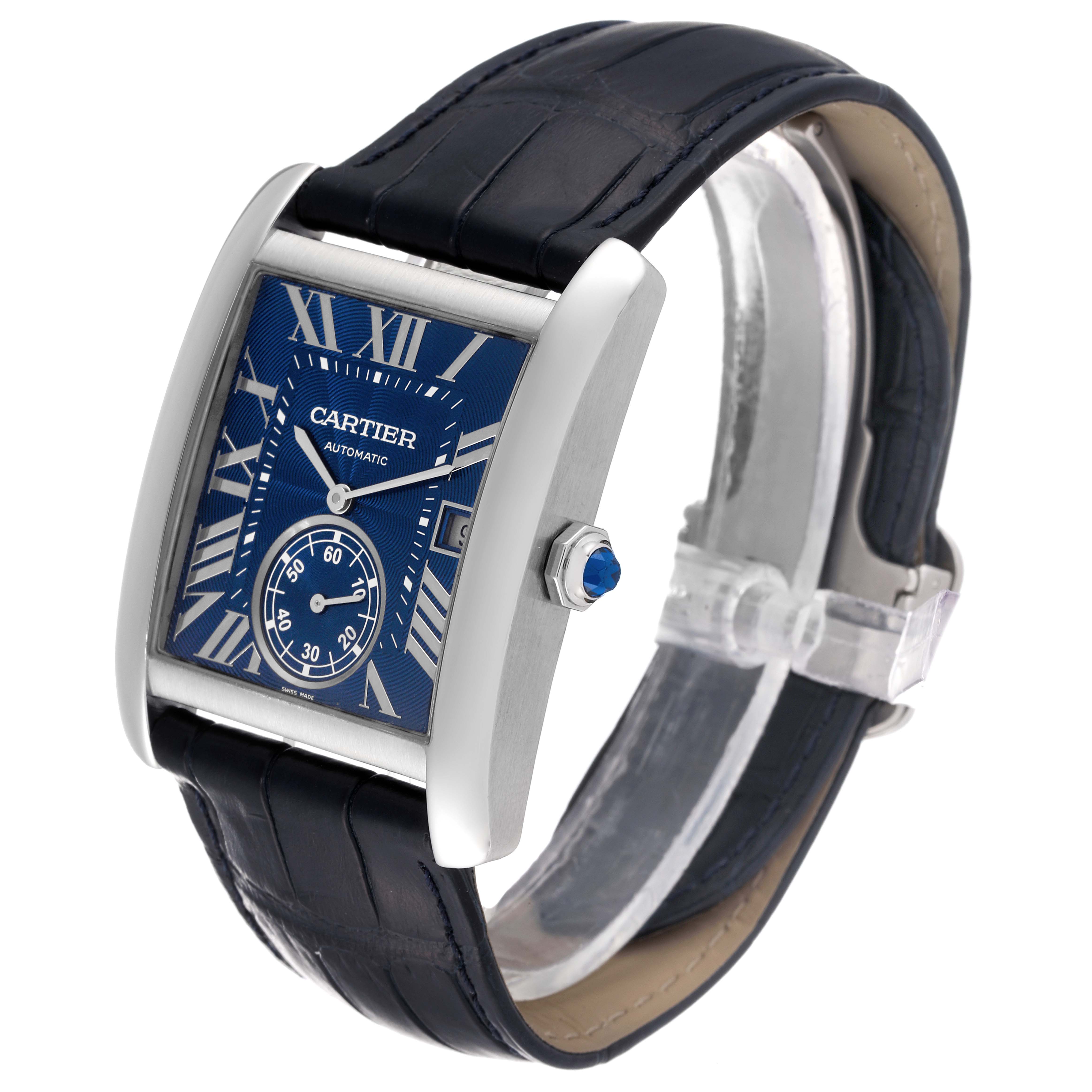 The image shows a Cartier Tank MC WSTA0010 Men's Stainless Steel Blue Dial WSTA0010 Men's Stainless Steel Blue Dial watch from an angled perspective, highlighting the blue dial, leather strap, and silver case.