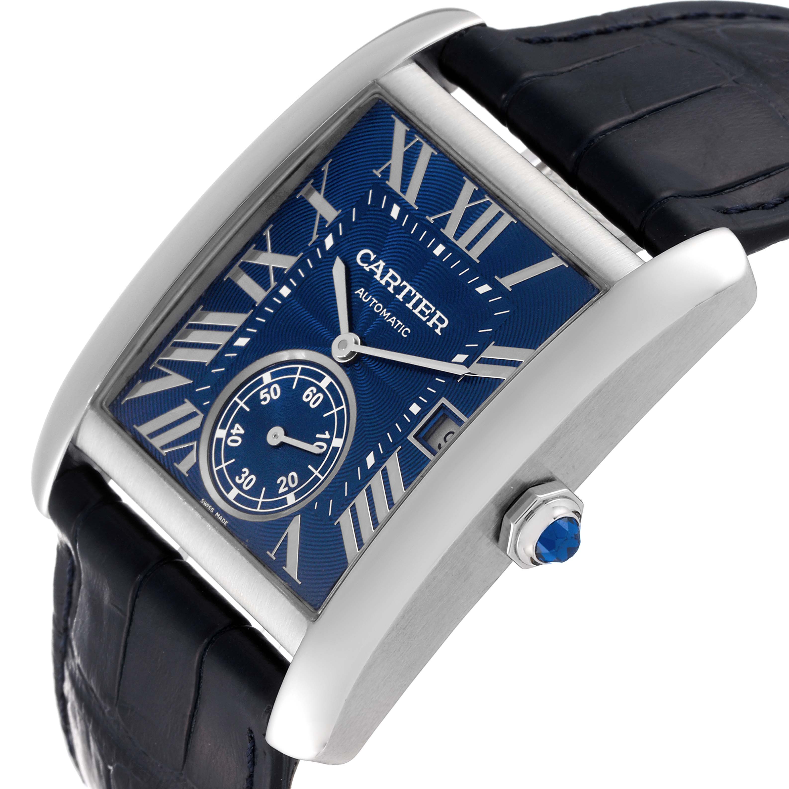 This image shows a Cartier Tank MC WSTA0010 Men's Stainless Steel Blue Dial WSTA0010 Men's Stainless Steel Blue Dial watch at an oblique angle highlighting the blue dial, case, and leather strap.