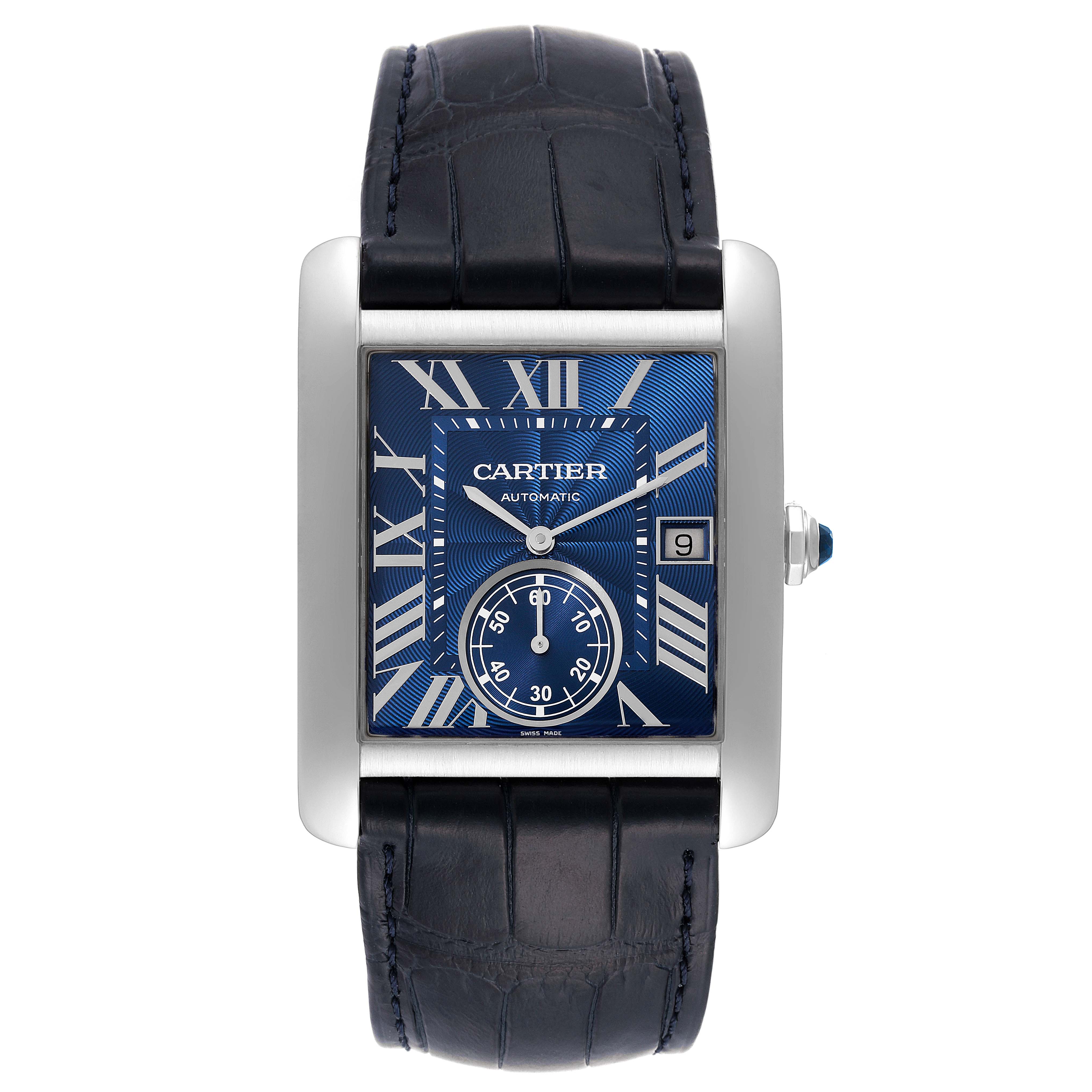 The image shows a Cartier Tank MC WSTA0010 Men's Stainless Steel Blue Dial WSTA0010 Men's Stainless Steel Blue Dial watch from the front view, highlighting its blue dial, Roman numeral markers, and leather strap.