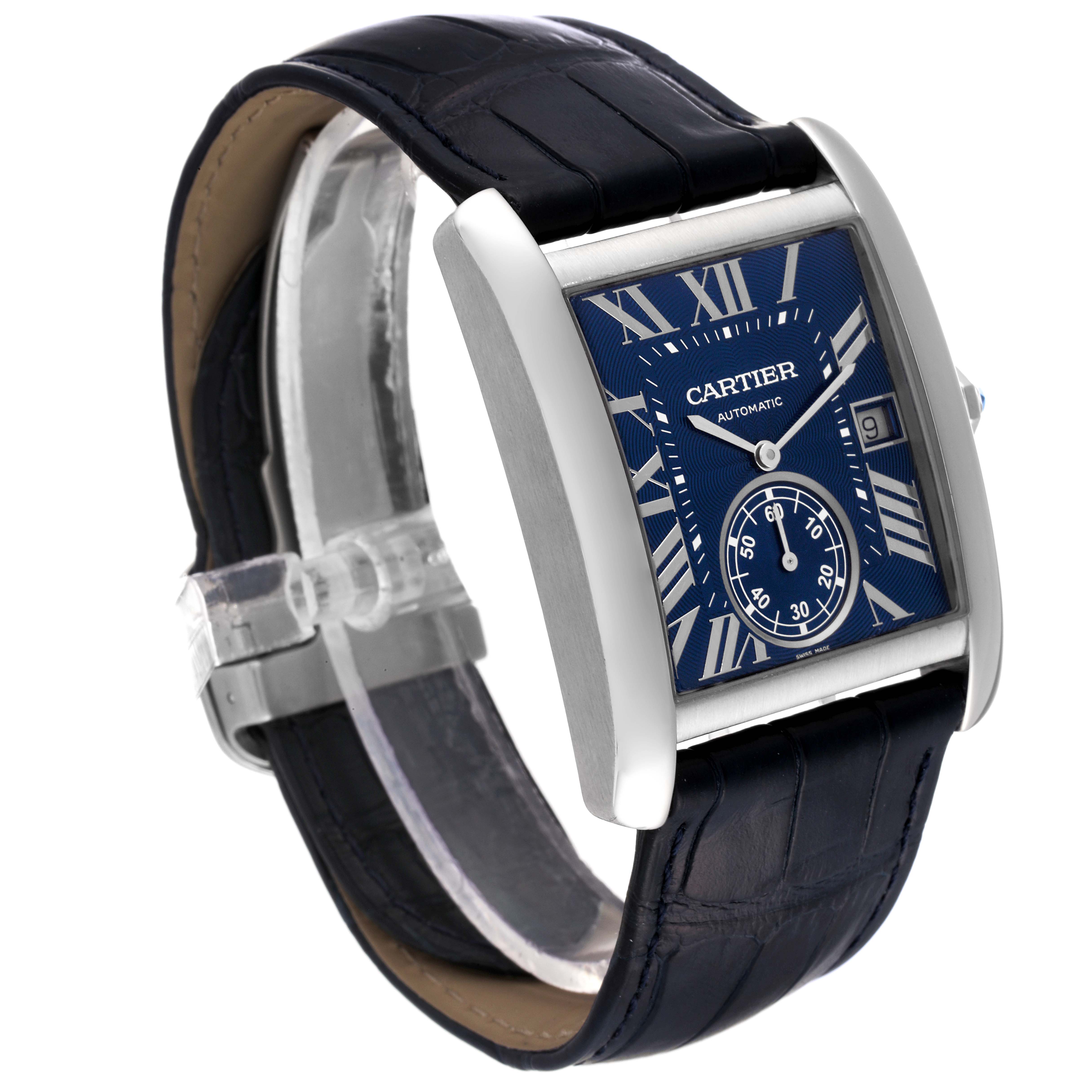 The Cartier Tank MC WSTA0010 Men's Stainless Steel Blue Dial WSTA0010 Men's Stainless Steel Blue Dial watch is shown at a slight angle, highlighting the blue dial, Roman numerals, and leather strap.