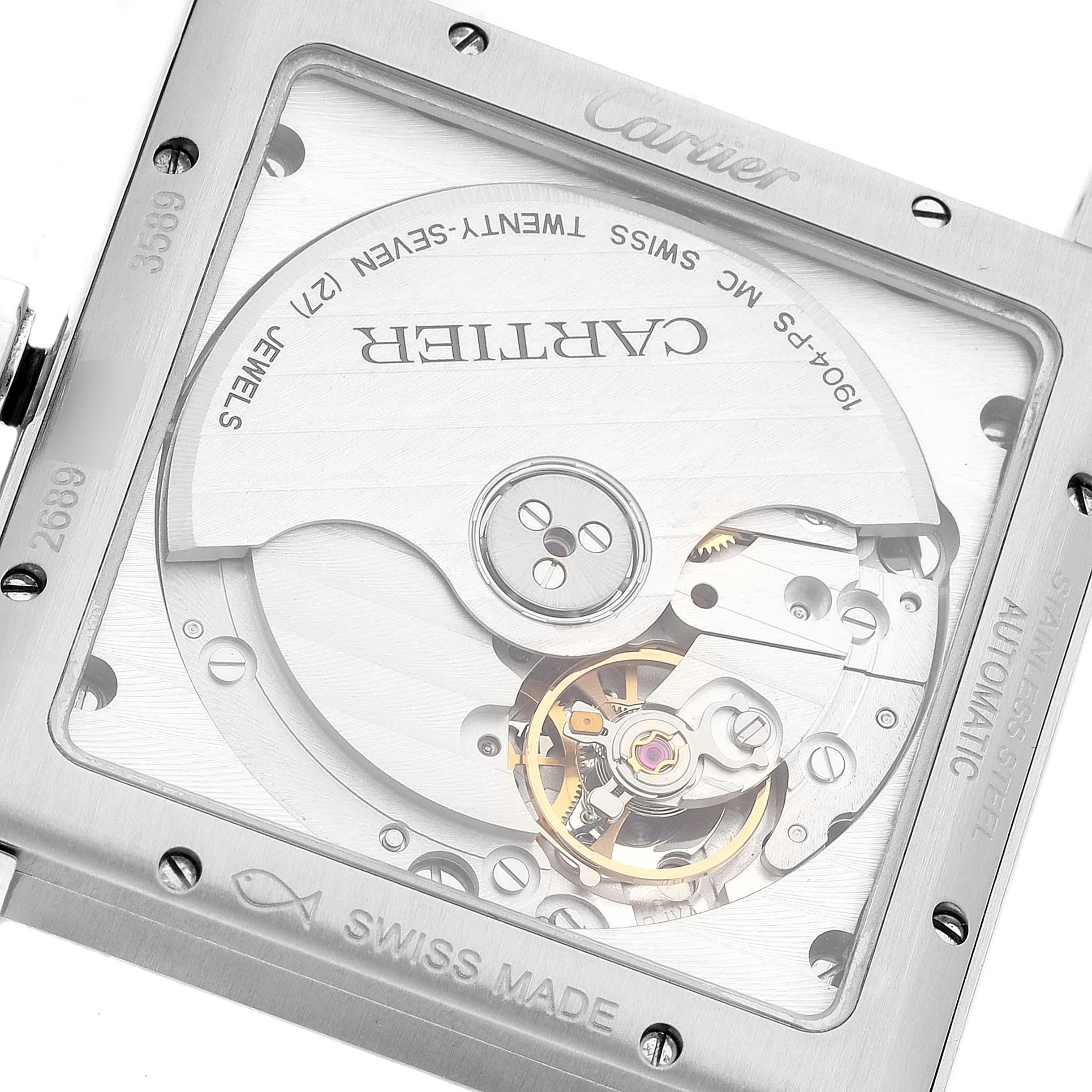 The image shows the back view of the Cartier Tank MC WSTA0010 Men's Stainless Steel Blue Dial WSTA0010 Men's Stainless Steel Blue Dial watch, highlighting its internal mechanical movement and engravings.