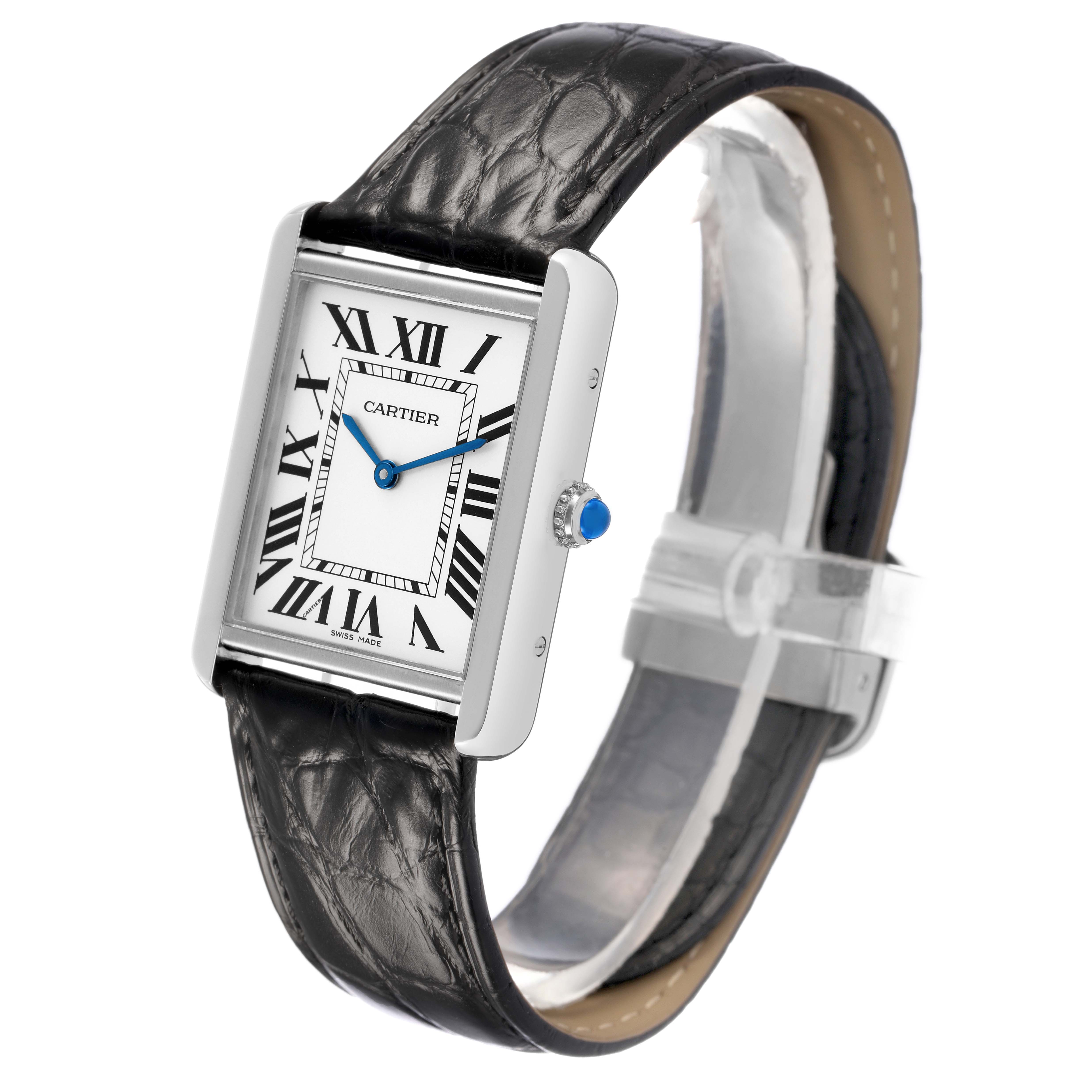 The Cartier Tank Solo W5200003 Men's Stainless Steel Silver Dial watch is shown at an angled side view, displaying the face, case, crown, and leather strap.