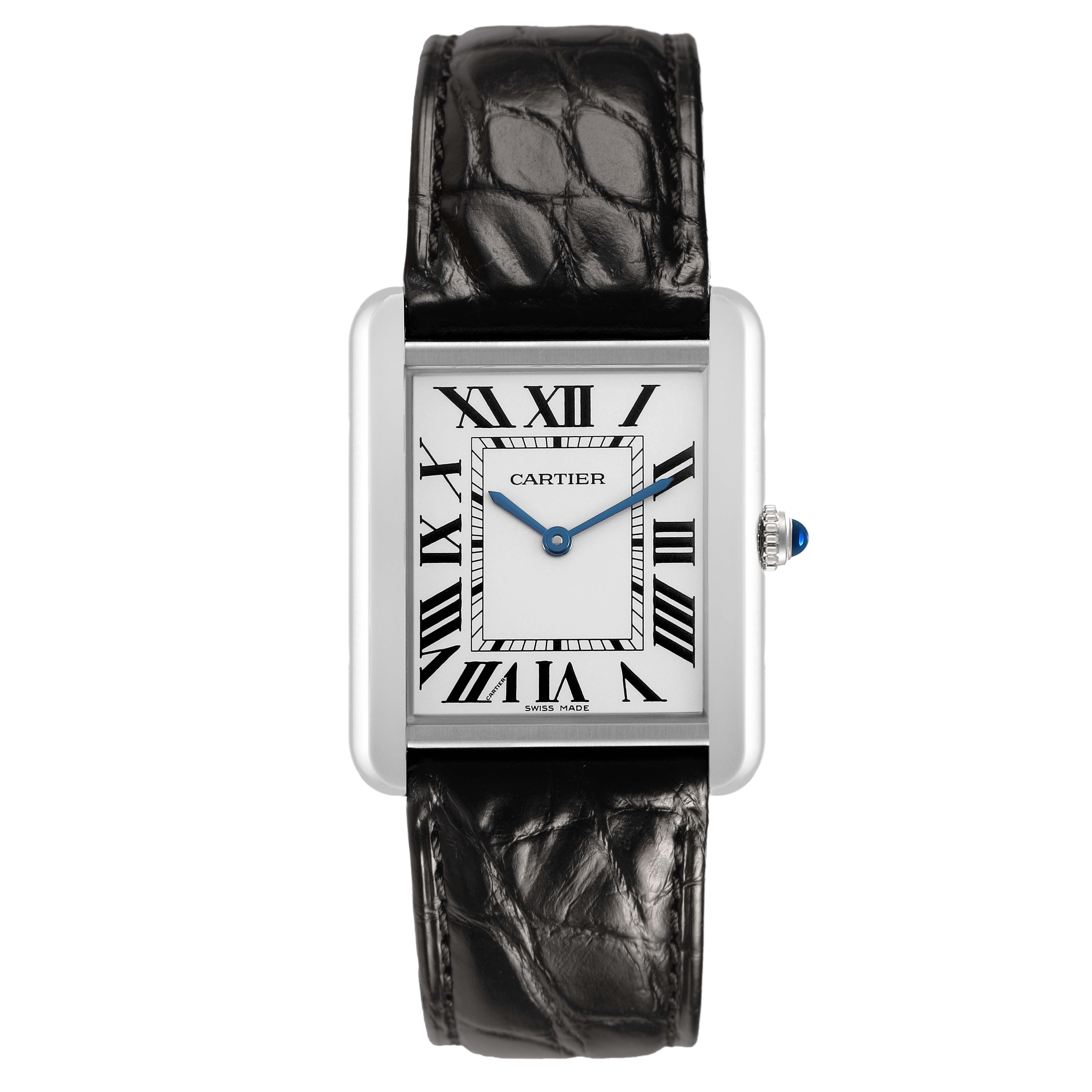 The Cartier Tank Solo W5200003 Men's Stainless Steel Silver Dial watch is shown from a top-down angle, displaying the face, Roman numerals, and the leather strap.