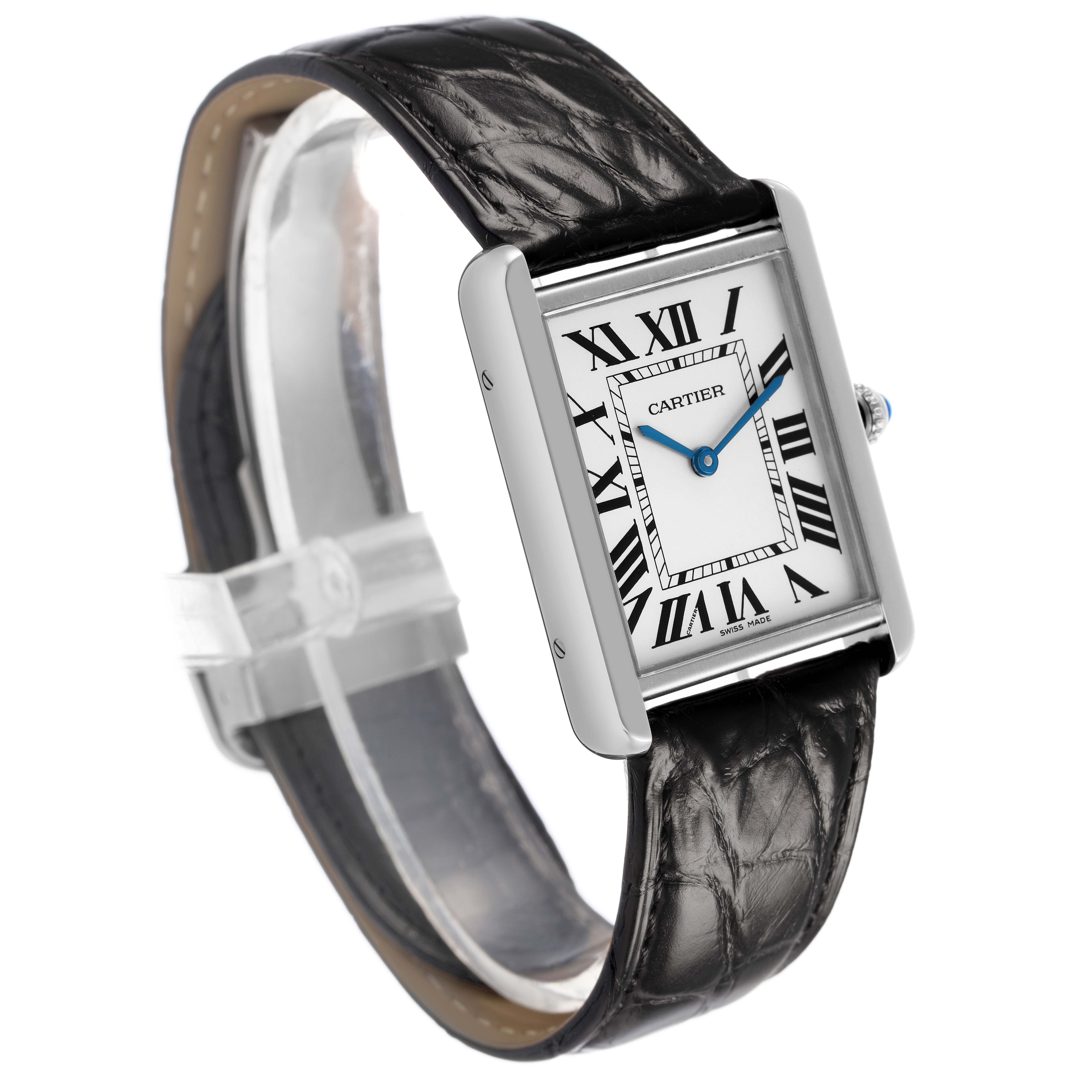 The Cartier Tank Solo W5200003 Men's Stainless Steel Silver Dial watch is shown at a slight angle, highlighting its rectangular face, Roman numerals, blue hands, and leather strap.
