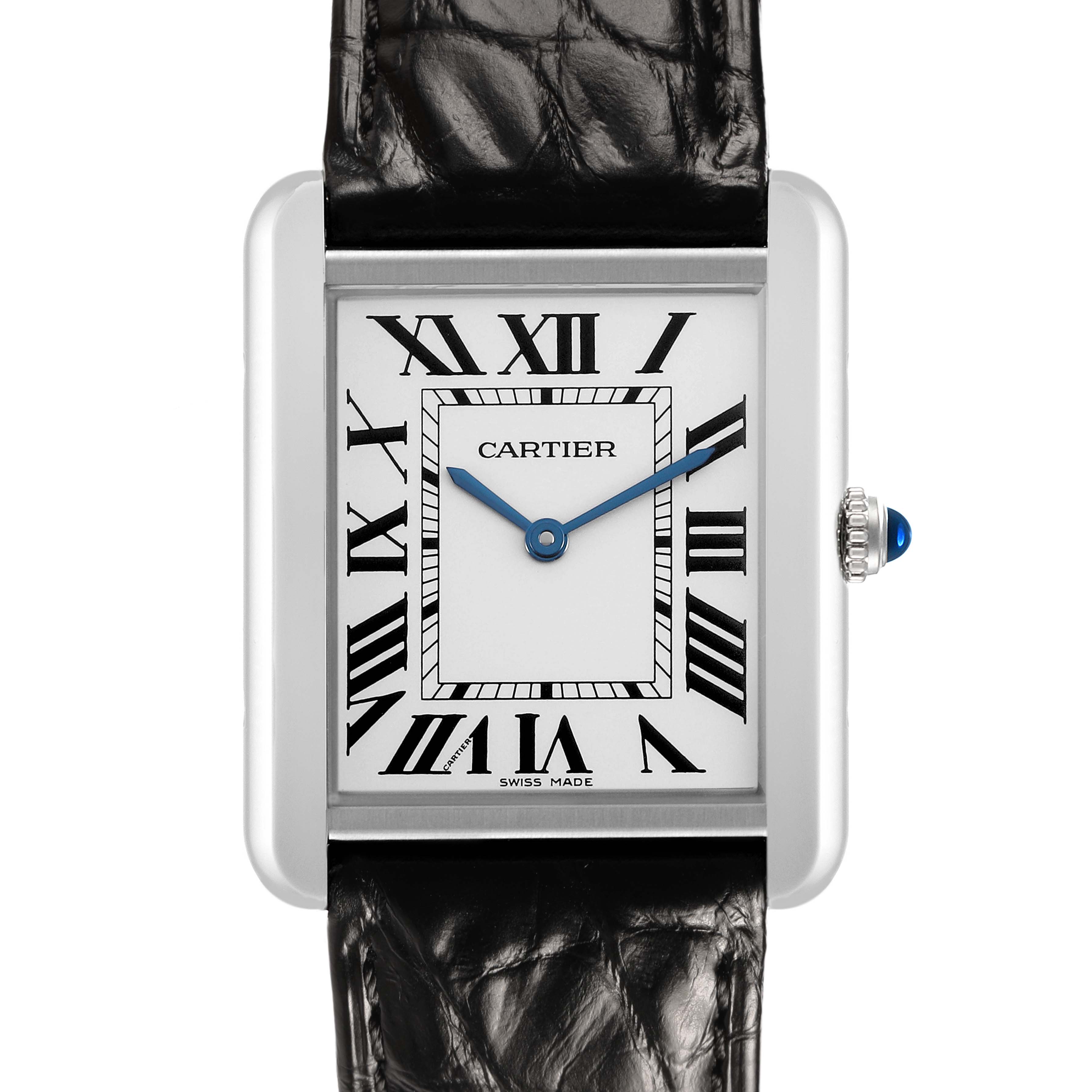 The Cartier Tank Solo W5200003 Men's Stainless Steel Silver Dial watch is shown from a front angle, displaying the face, Roman numerals, blue hands, and leather strap.
