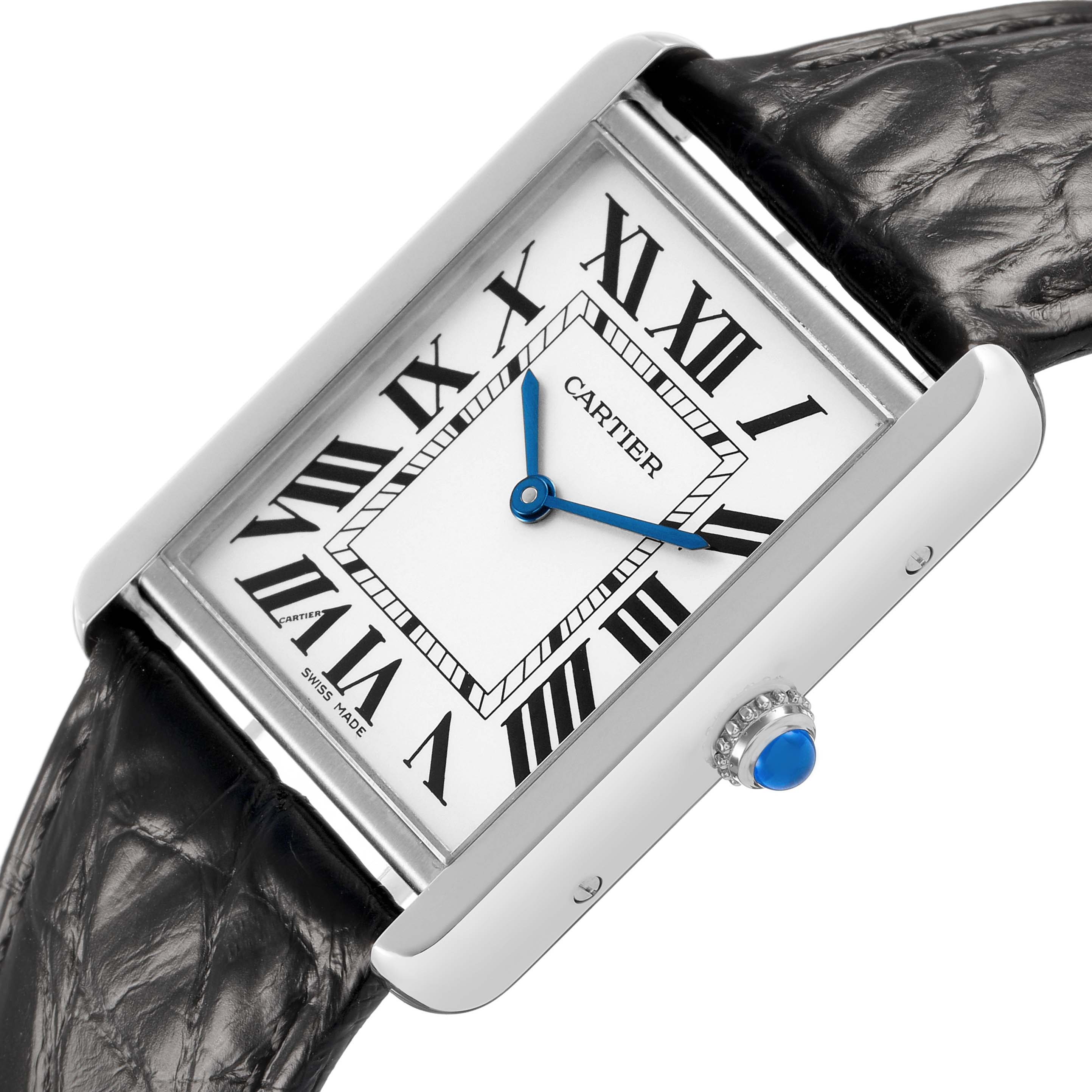 The Cartier Tank Solo W5200003 Men's Stainless Steel Silver Dial watch is shown at an angle displaying its rectangular face, Roman numerals, leather strap, and sapphire cabochon crown.