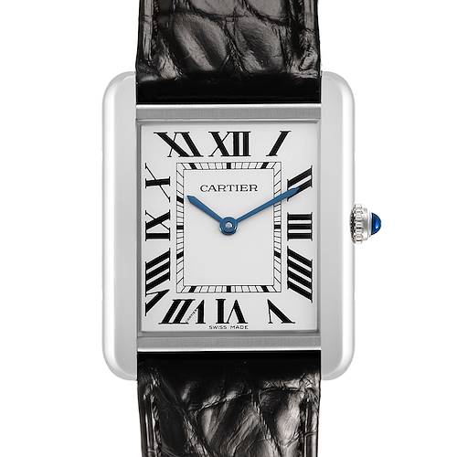 The Cartier Tank Solo W5200003 Men's Stainless Steel Silver Dial watch is shown from the front, displaying the dial, Roman numerals, and a leather strap.