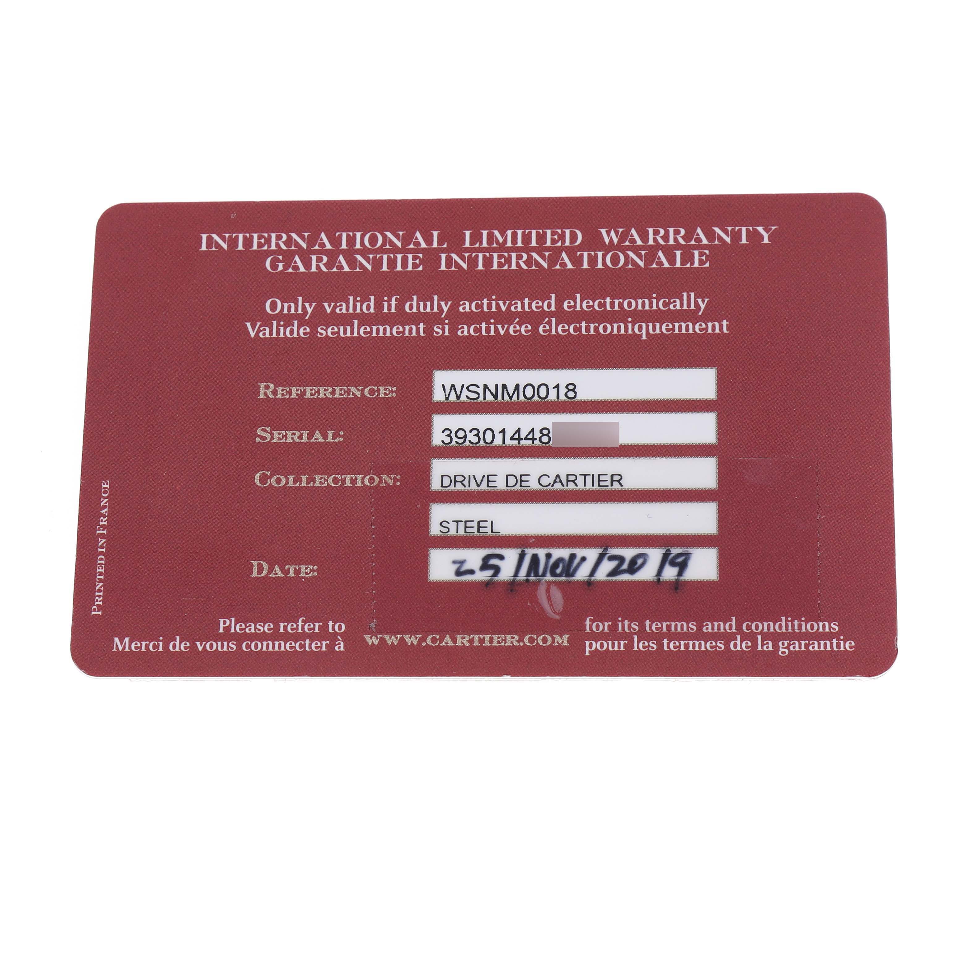 The image shows an international warranty card for a Cartier watch model, not the Tank Solo specifically.
