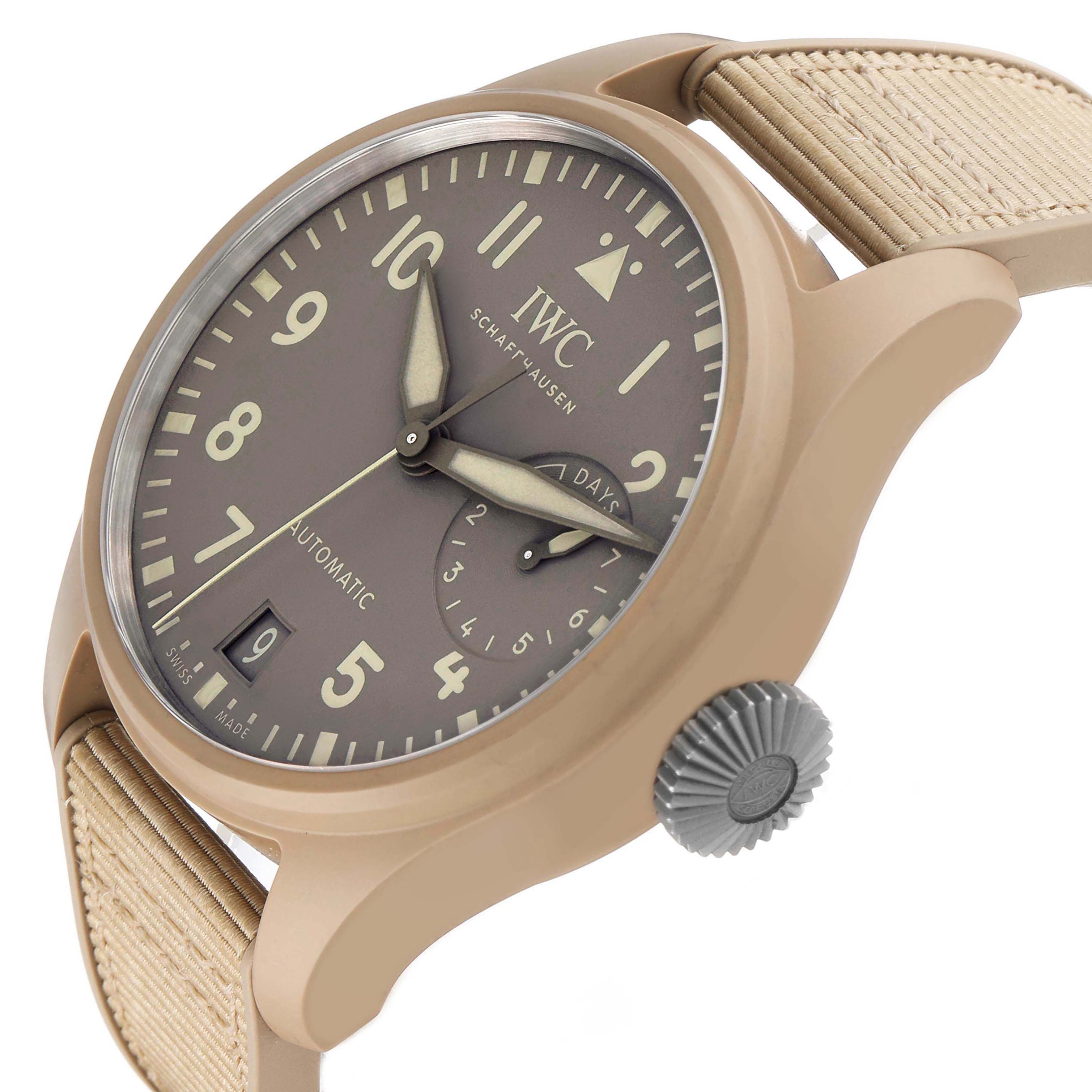The IWC Pilot IW506003 Men's Ceramic Brown Dial watch is shown at a tilted angle displaying the face, crown, and part of the strap.