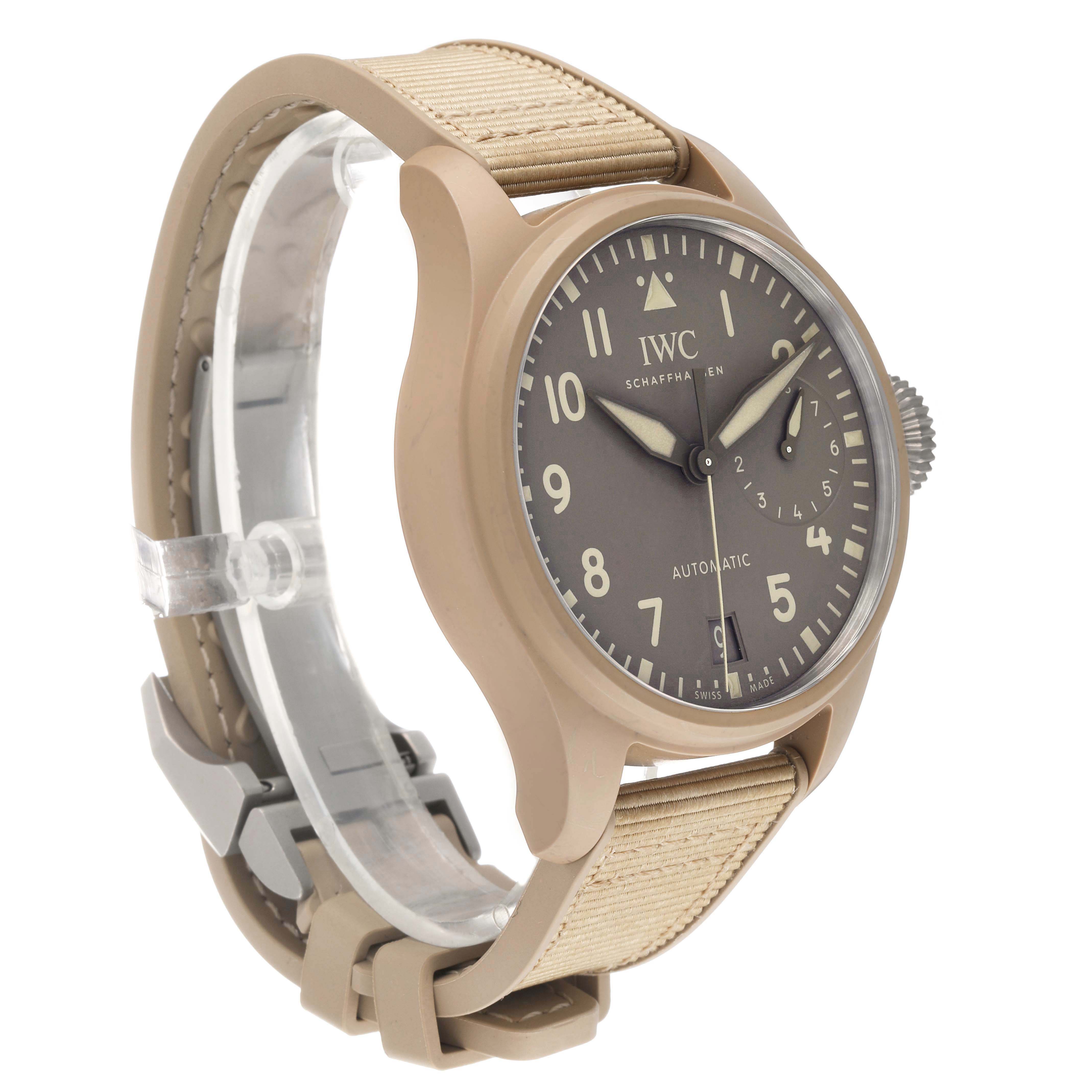 The IWC Pilot IW506003 Men's Ceramic Brown Dial model watch is shown at a three-quarter angle, highlighting the face, strap, and crown.