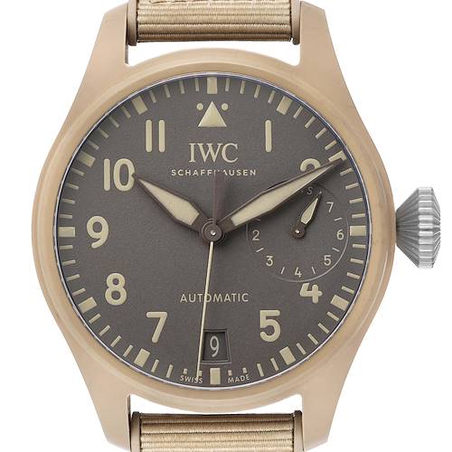 The IWC Pilot IW506003 Men's Ceramic Brown Dial watch is shown in a frontal view, highlighting its dial, hands, date display, and crown.