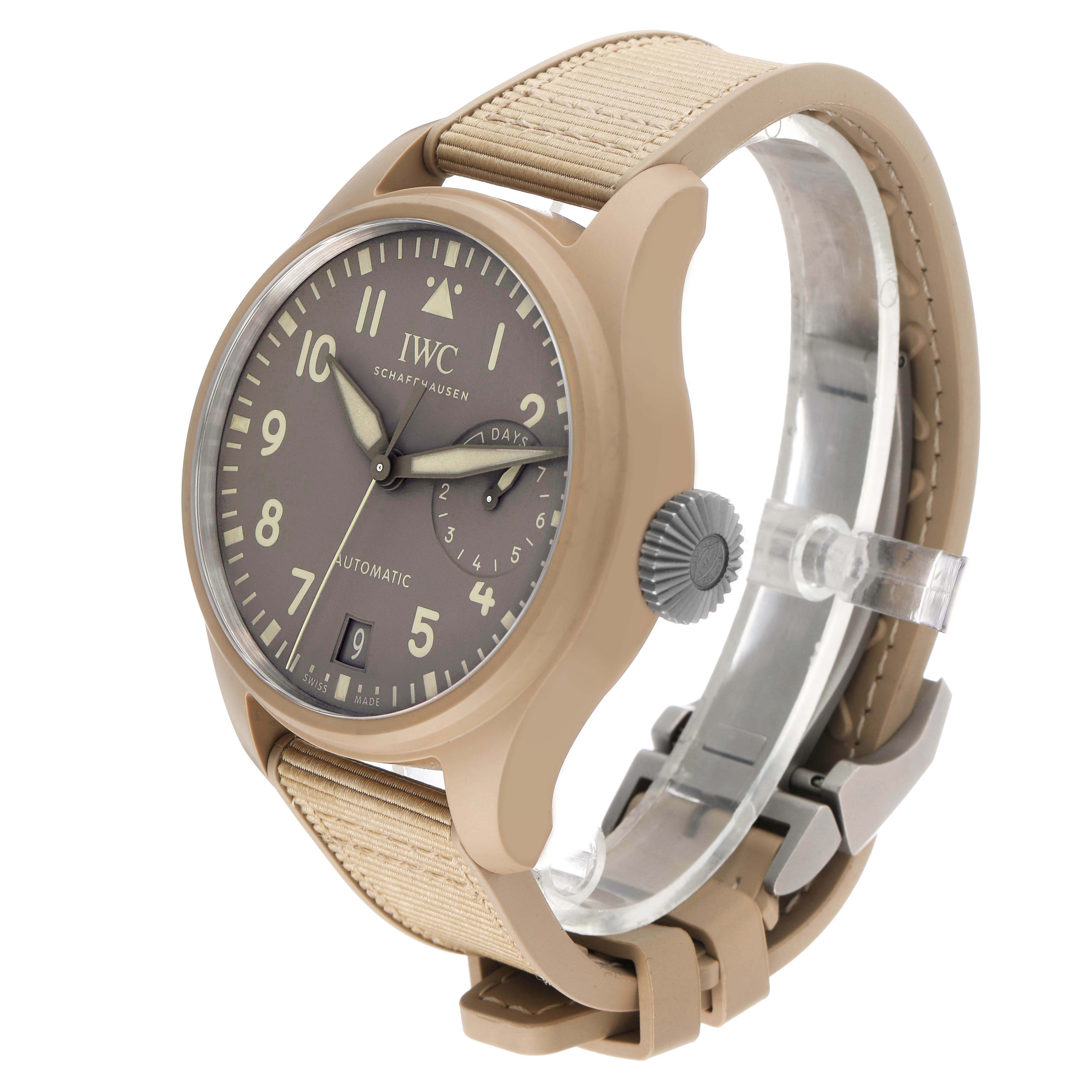 The IWC Pilot IW506003 Men's Ceramic Brown Dial watch is shown at a three-quarter angle, displaying its face, crown, and strap design.