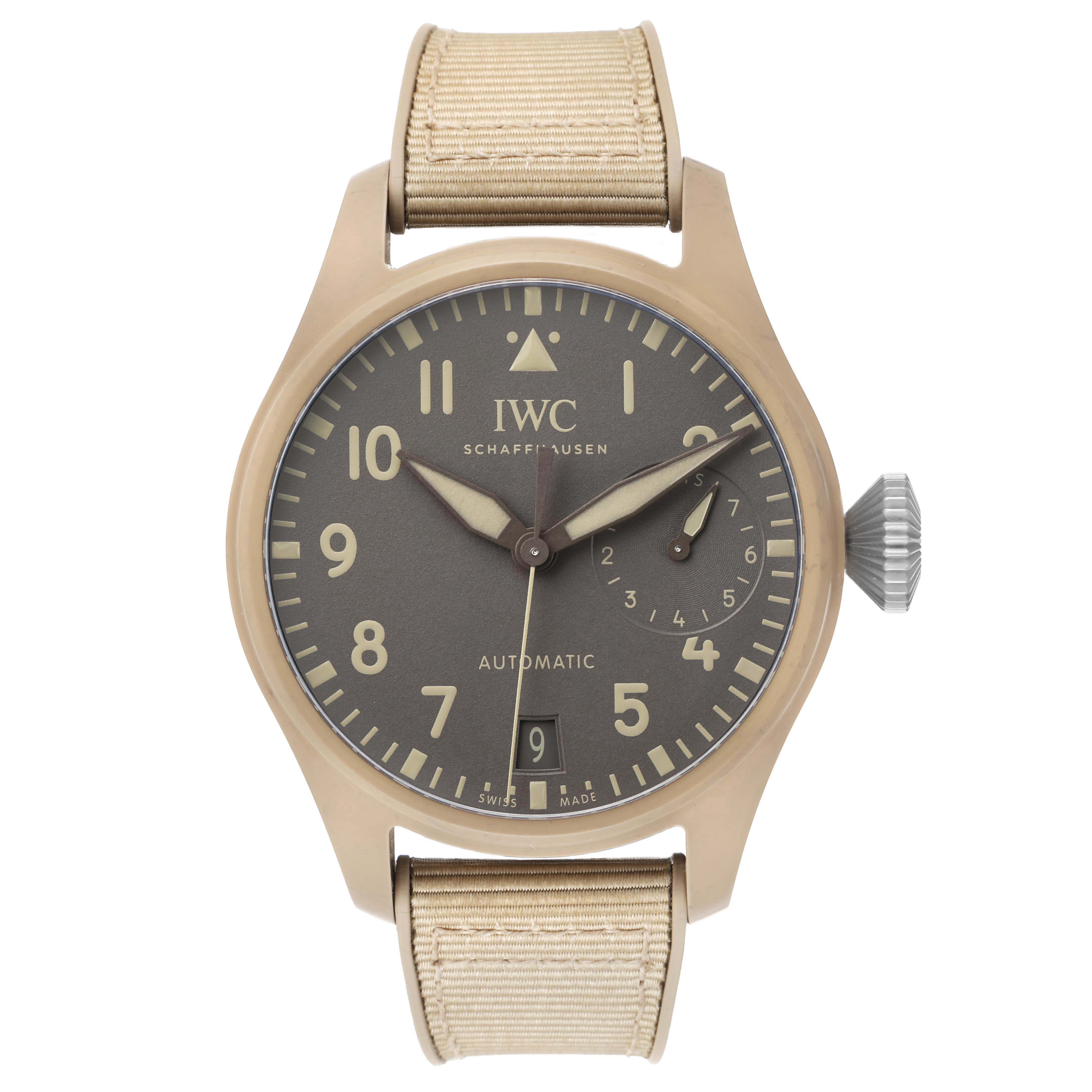 The IWC Pilot IW506003 Men's Ceramic Brown Dial watch is shown from the front, displaying the dial, hands, crown, and strap clearly.