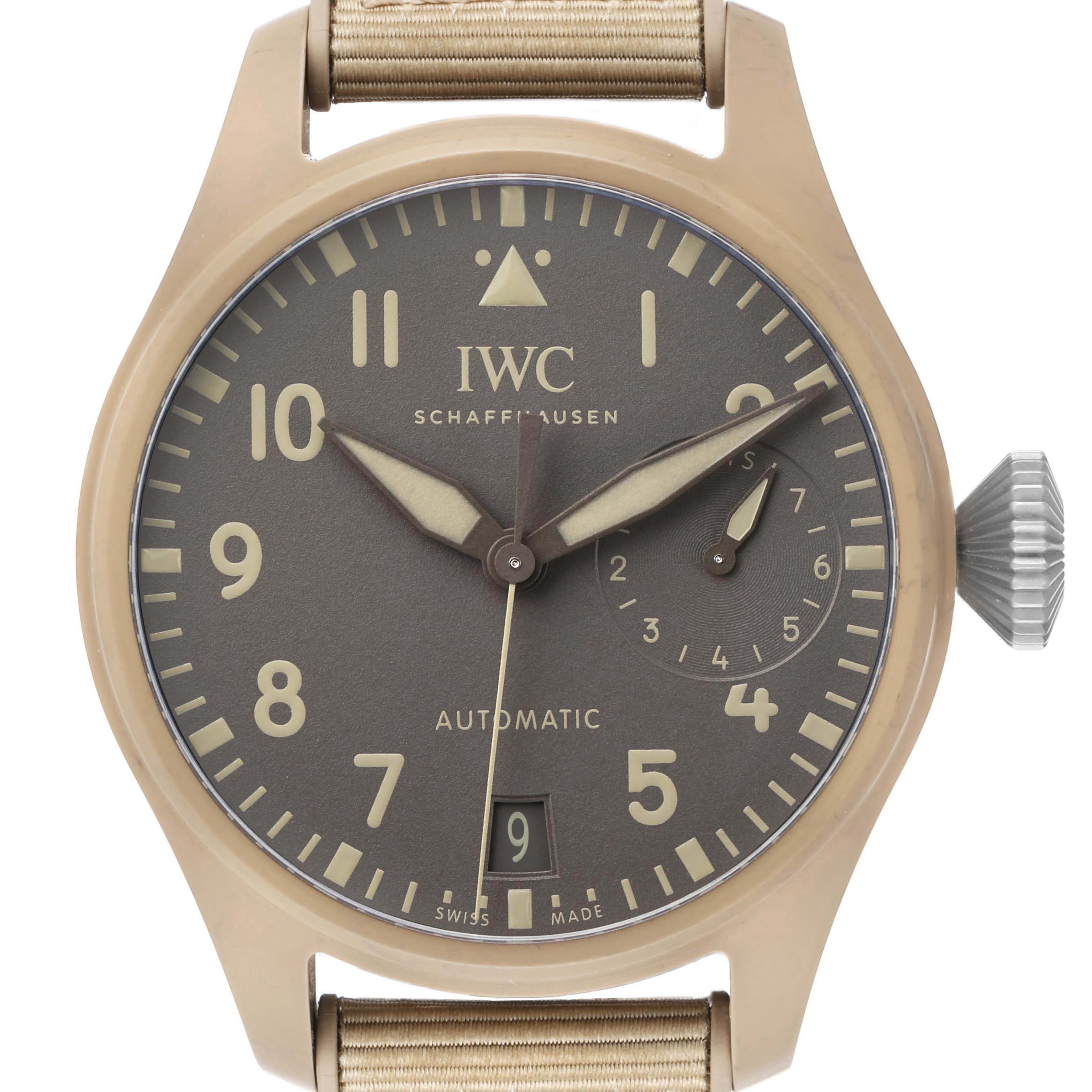 The IWC Pilot IW506003 Men's Ceramic Brown Dial model watch is shown from the front, displaying the dial, hands, date window, and crown.