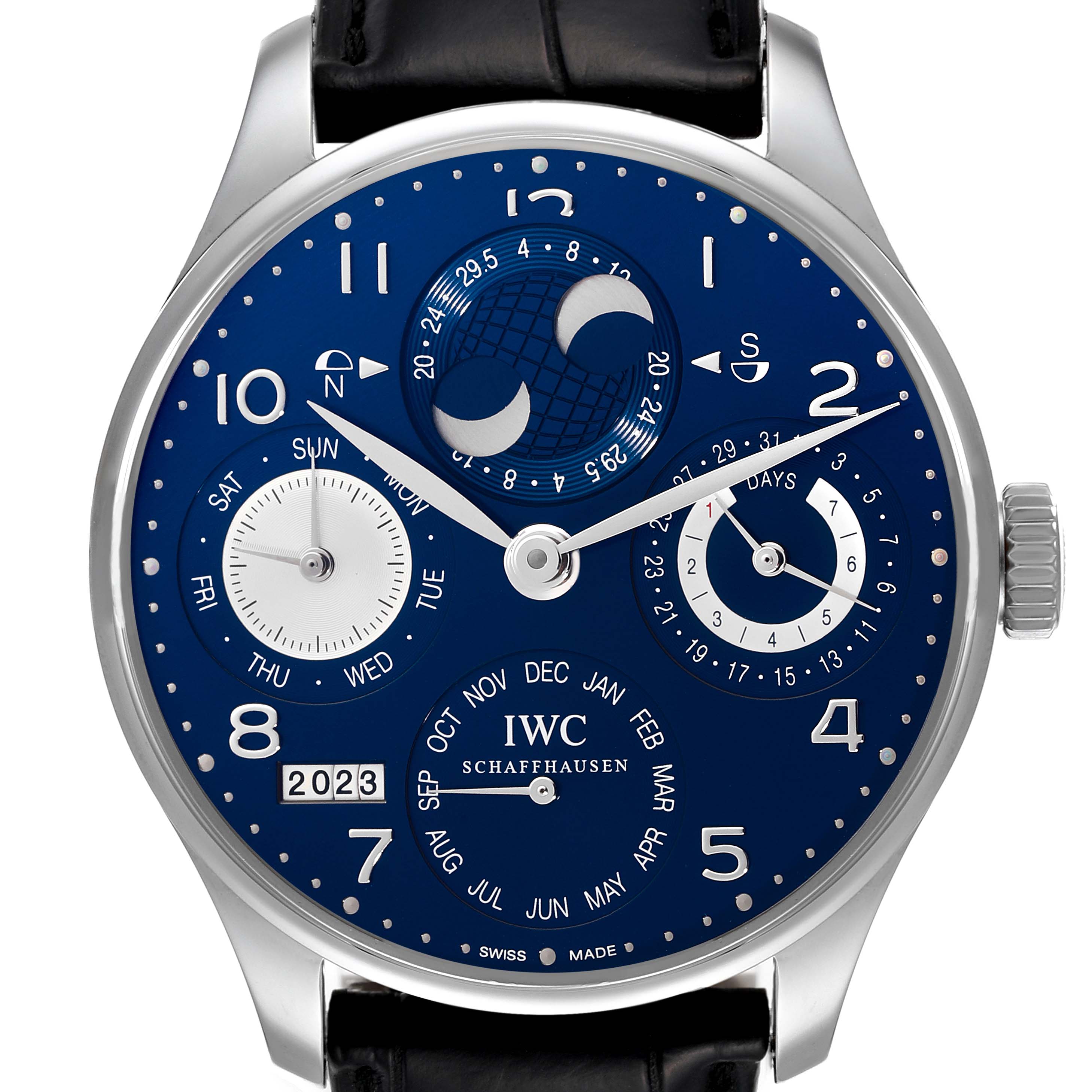 This image shows a top view of the face of an IWC Portuguese IW503203 Men's White Gold Blue Dial IW503203 Men's White Gold Blue Dial model watch, detailing its blue dial, subdials, and moon phase display.