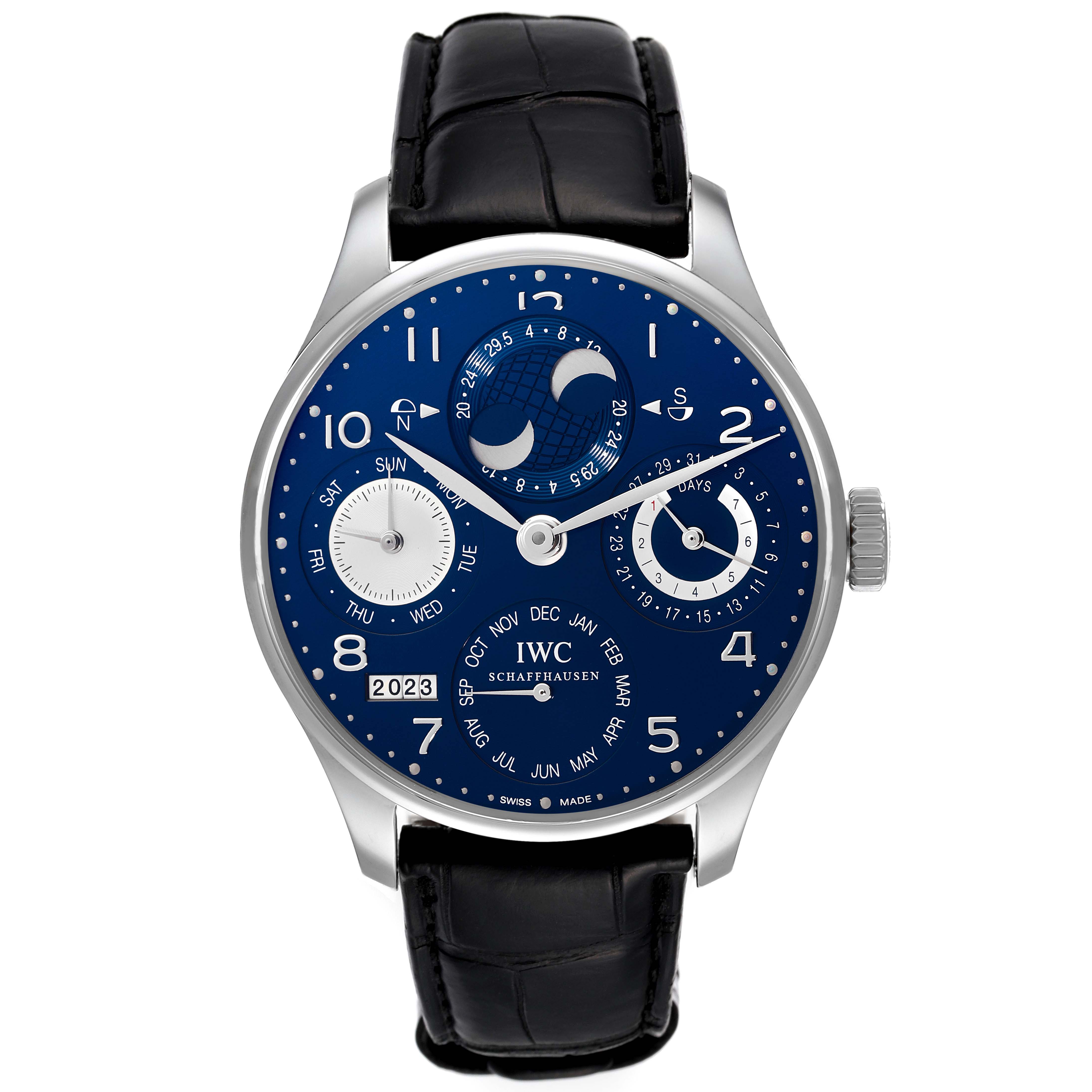 The image shows a front view of an IWC Portuguese IW503203 Men's White Gold Blue Dial IW503203 Men's White Gold Blue Dial model watch with a blue dial and black leather strap.