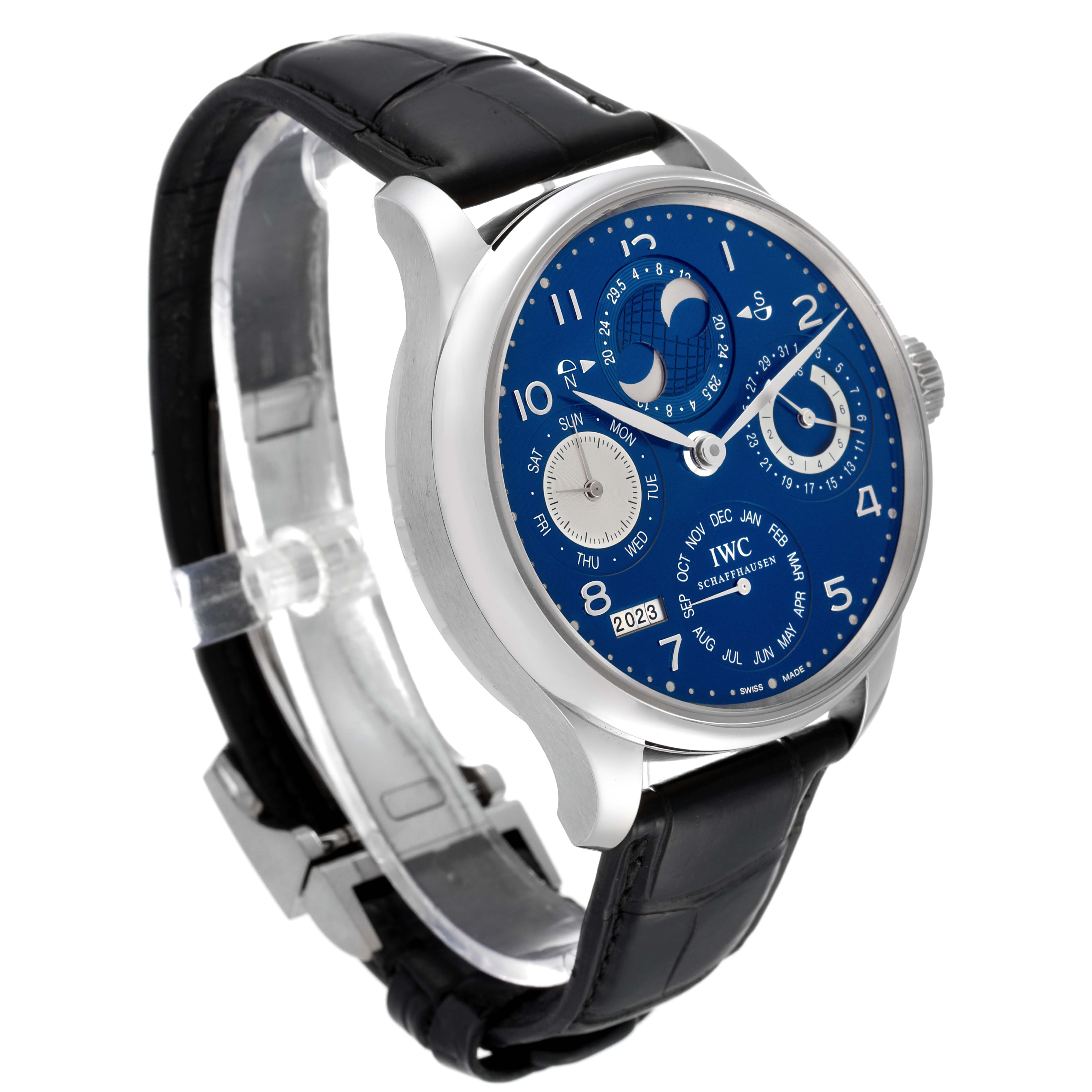 This image shows an IWC Portuguese IW503203 Men's White Gold Blue Dial IW503203 Men's White Gold Blue Dial model watch at a slight angle, highlighting its blue dial, sub-dials, and black leather strap.