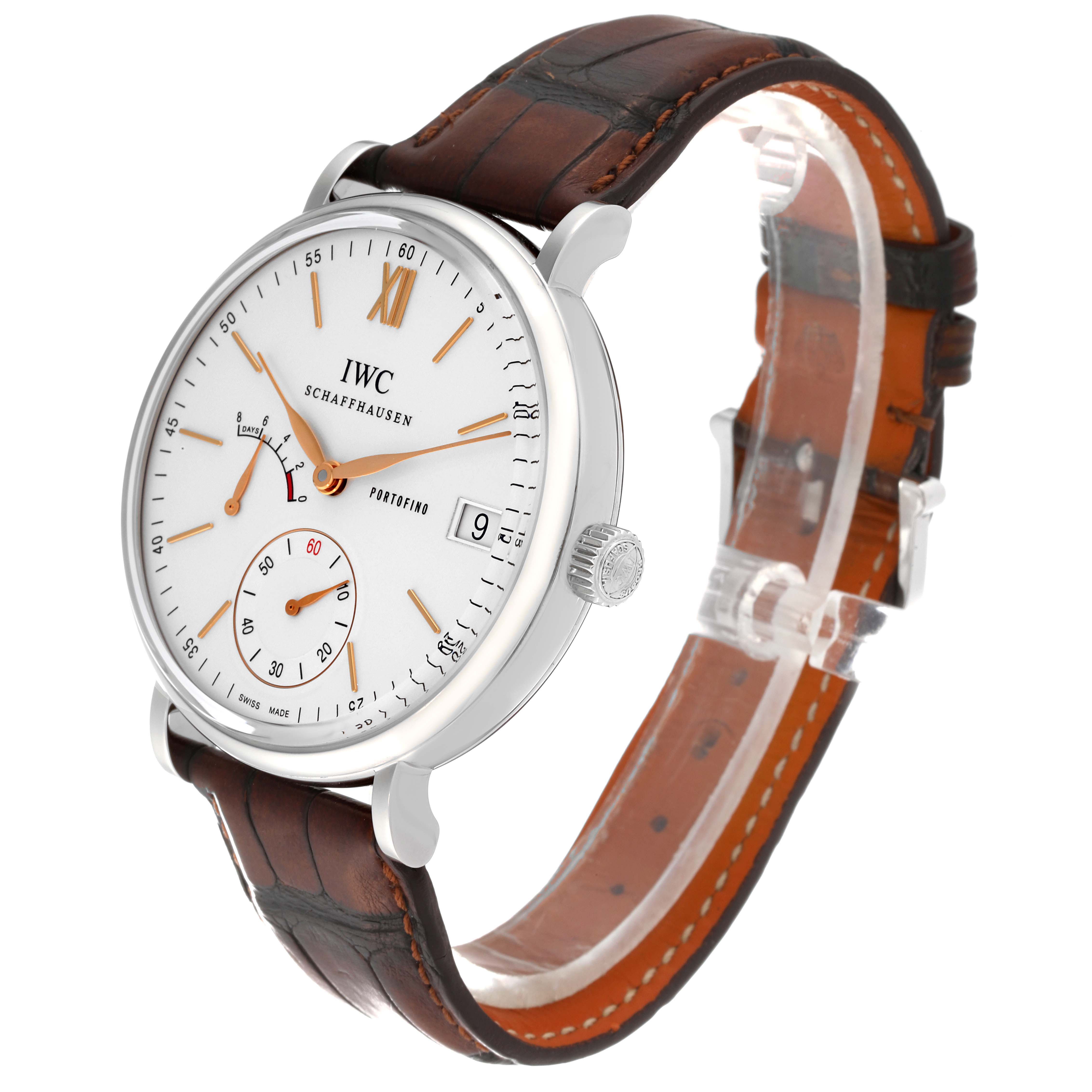 The IWC Portofino IW510103 Men
s Stainless Steel Silver Dial watch is shown at a three-quarter angle, highlighting its face, crown, and leather strap.