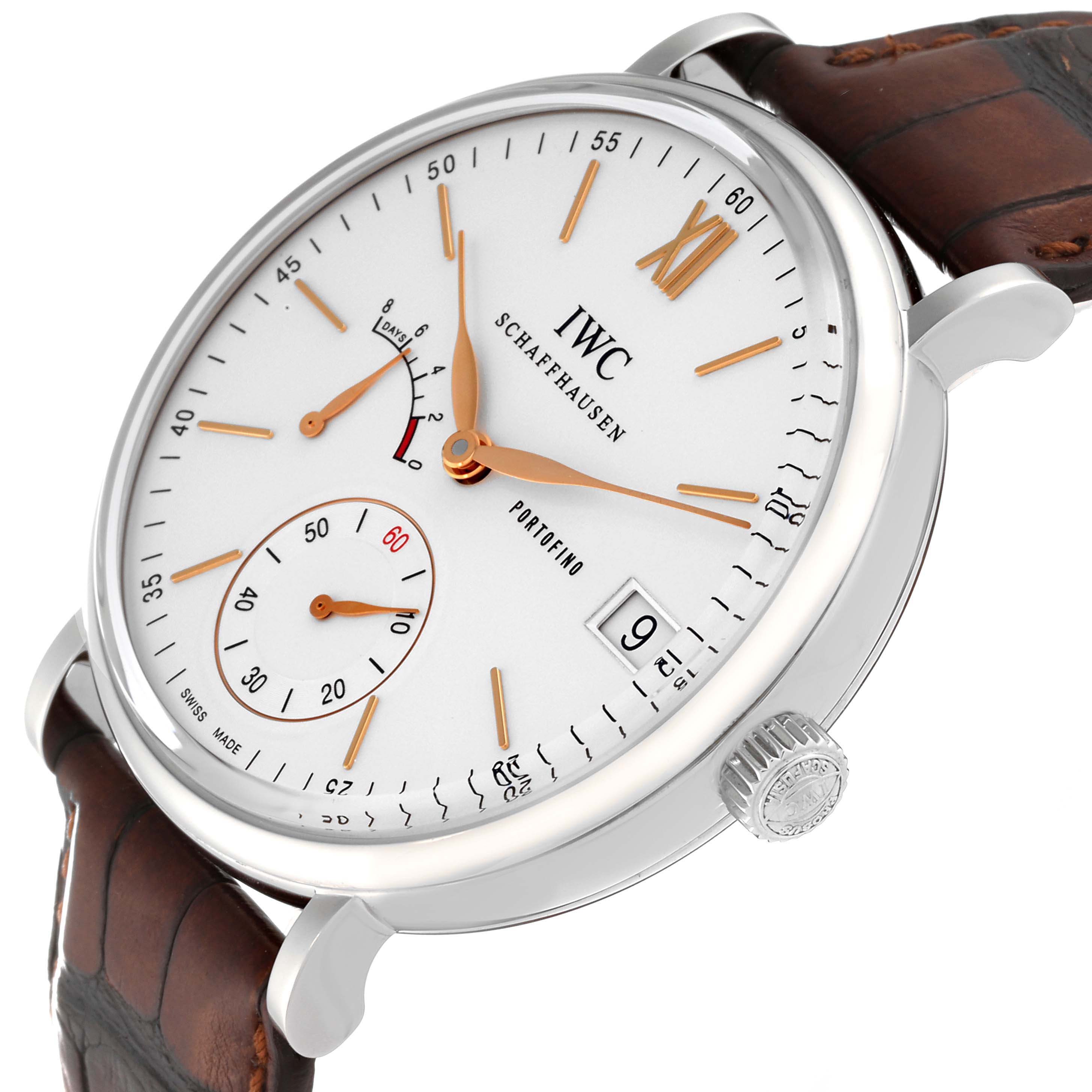 The IWC Portofino IW510103 Men
s Stainless Steel Silver Dial watch is shown from a front angle highlighting the dial, crown, and leather strap.
