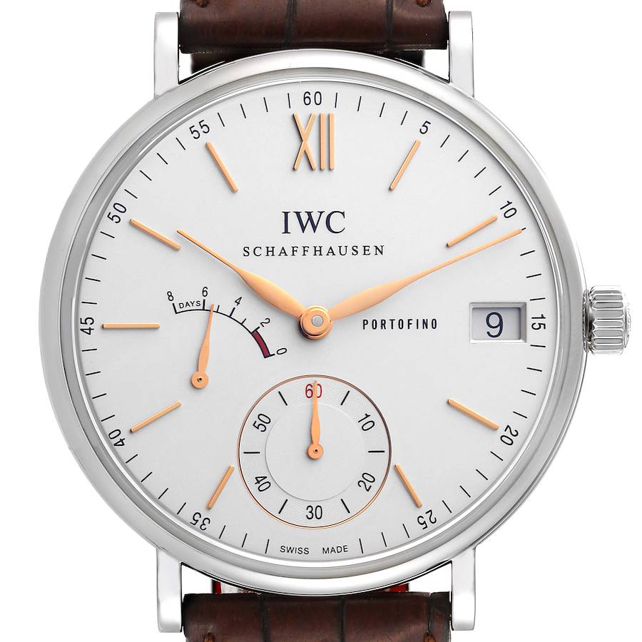 The image shows a front view of the IWC Portofino model IW510103 men
s watch, highlighting the dial, hands, subdials, and date window.