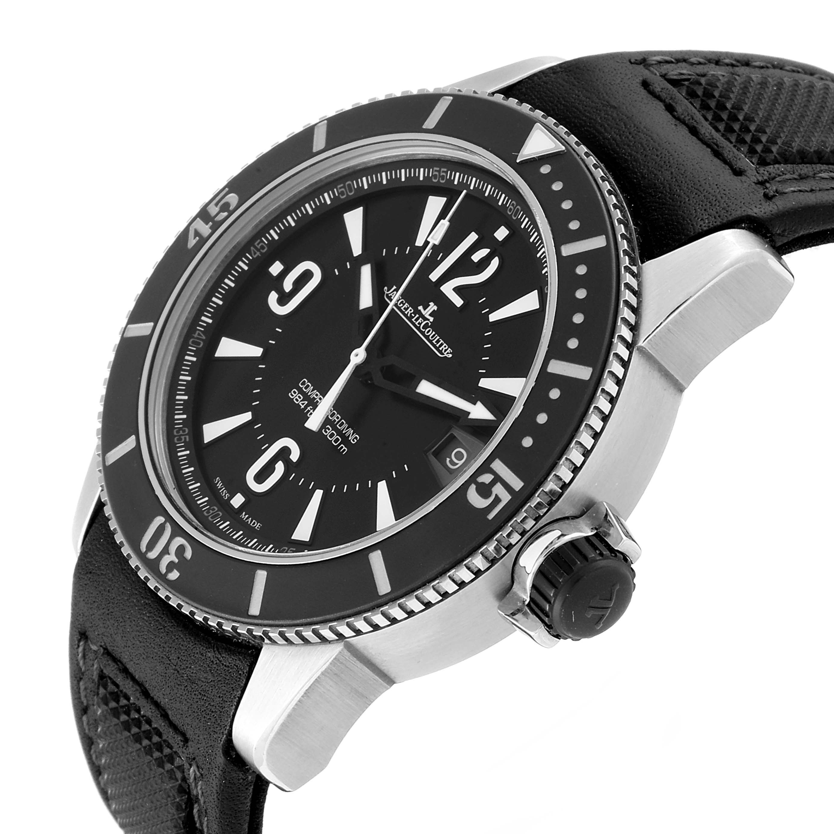 The image shows a Jaeger LeCoultre Master Q2018770 Men's Stainless Steel Black Dial Q2018770 Men's Stainless Steel Black Dial model watch at an oblique angle, highlighting the face, bezel, and crown.