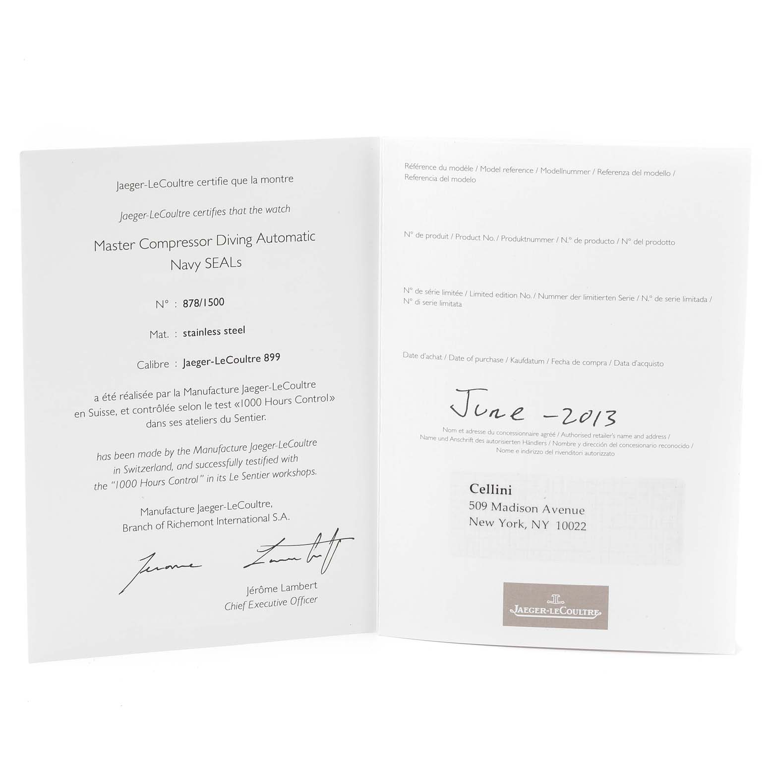 The image shows an open booklet for a Jaeger-LeCoultre Master Compressor Diving Automatic Navy SEALs watch, displaying certification details and a purchase date.