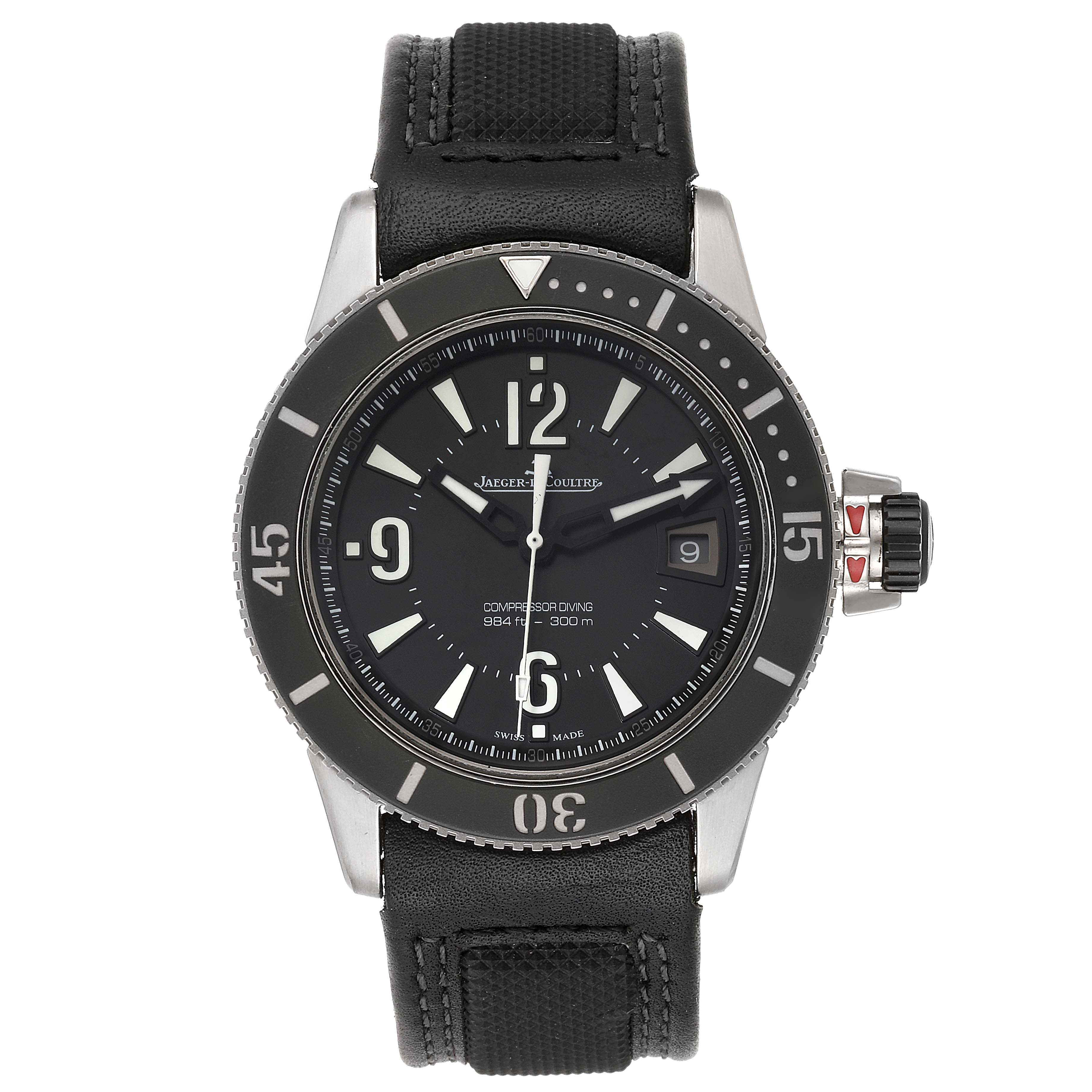 This image shows a front view of the Jaeger LeCoultre Master Q2018770 Men's Stainless Steel Black Dial Q2018770 Men's Stainless Steel Black Dial model watch, highlighting its black dial, bezel, and leather strap.