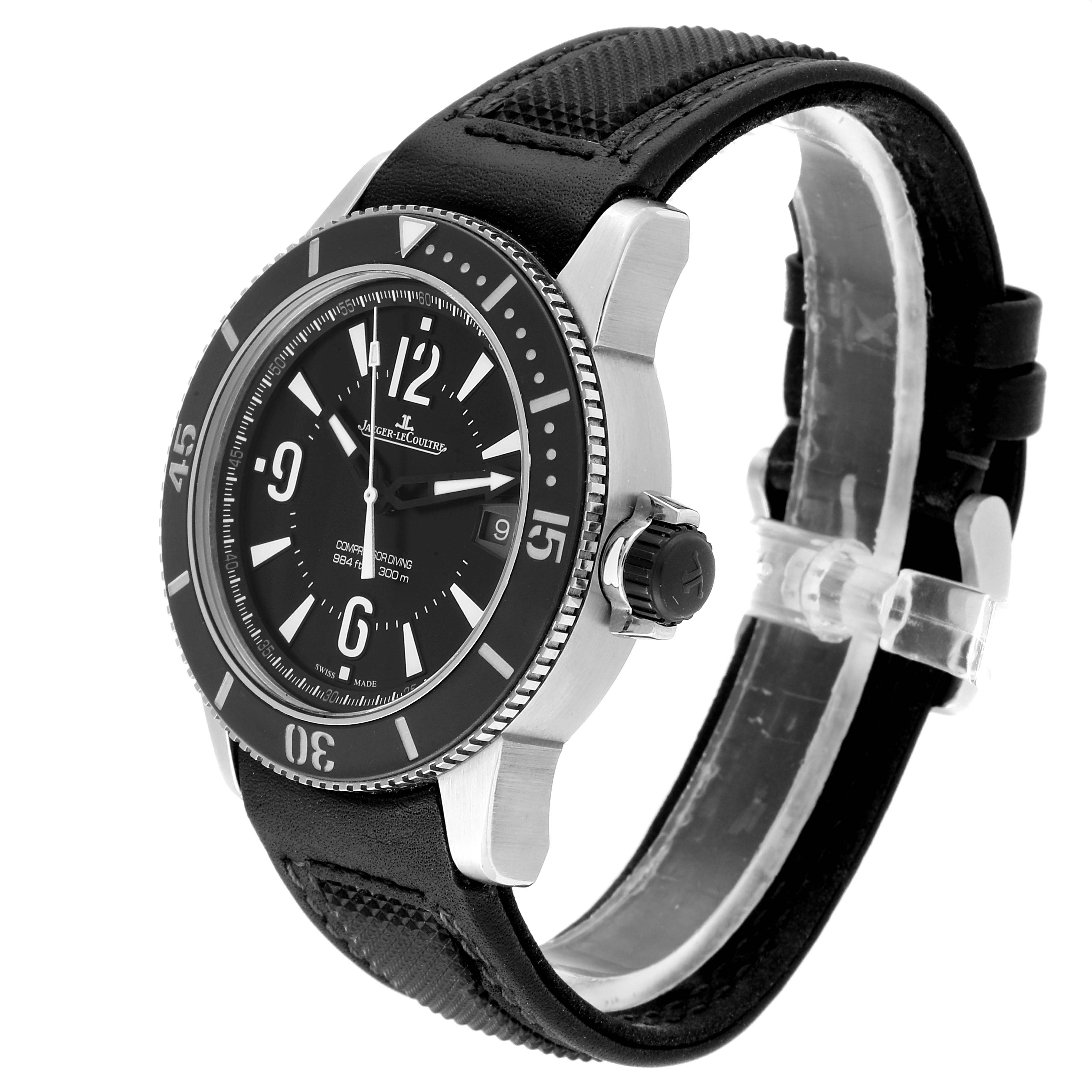 The image shows a Jaeger-LeCoultre Master model watch at a 3/4 angle, highlighting the bezel, dial, crown, and strap.