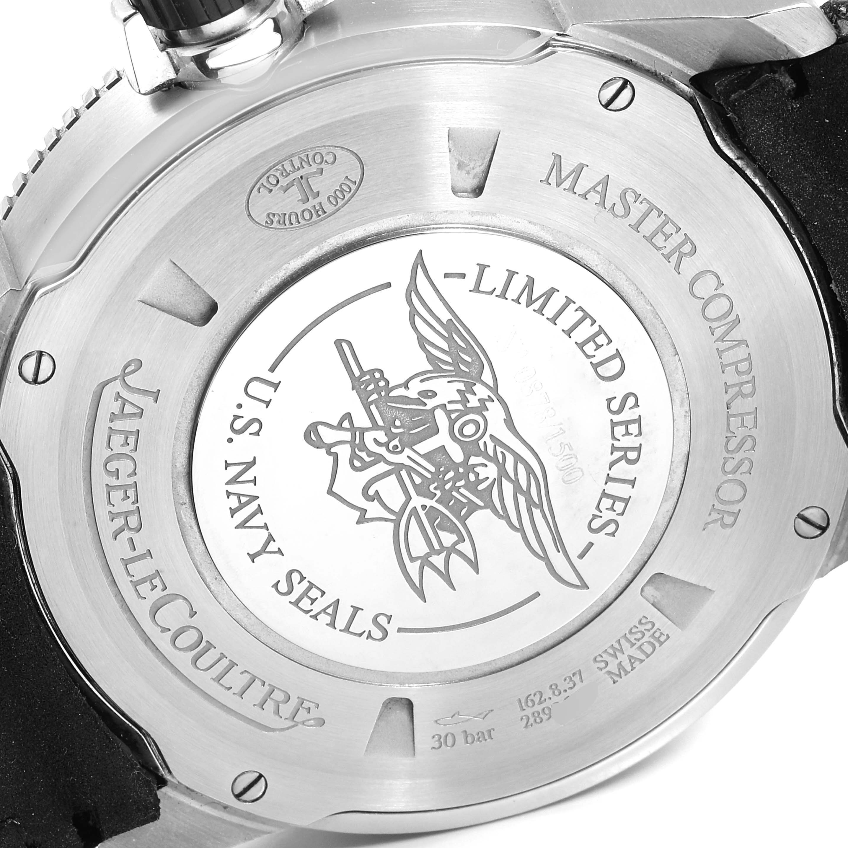 The image shows the back case of a Jaeger-LeCoultre Master Compressor Limited Series watch, featuring U.S. Navy Seals engraving.