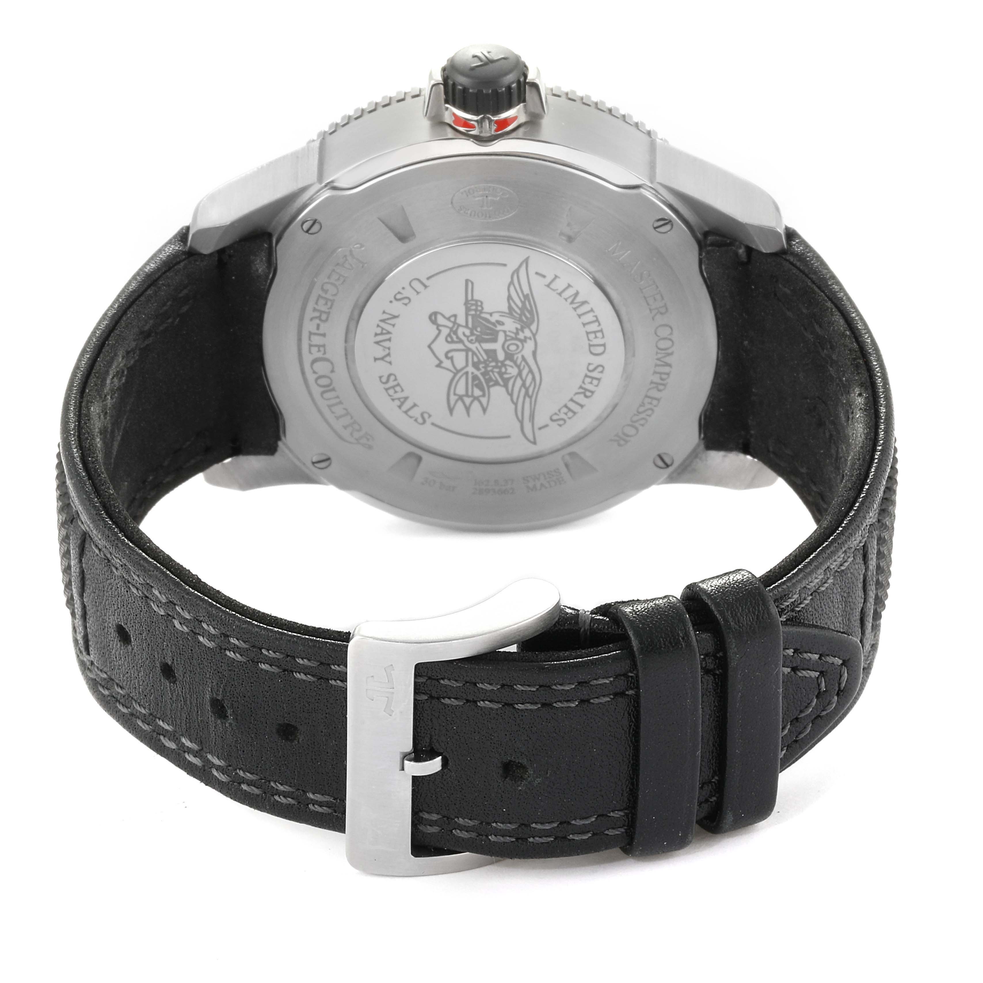 This is a rear view of the Jaeger-LeCoultre Master model watch showing the case back, crown, and leather strap with buckle.