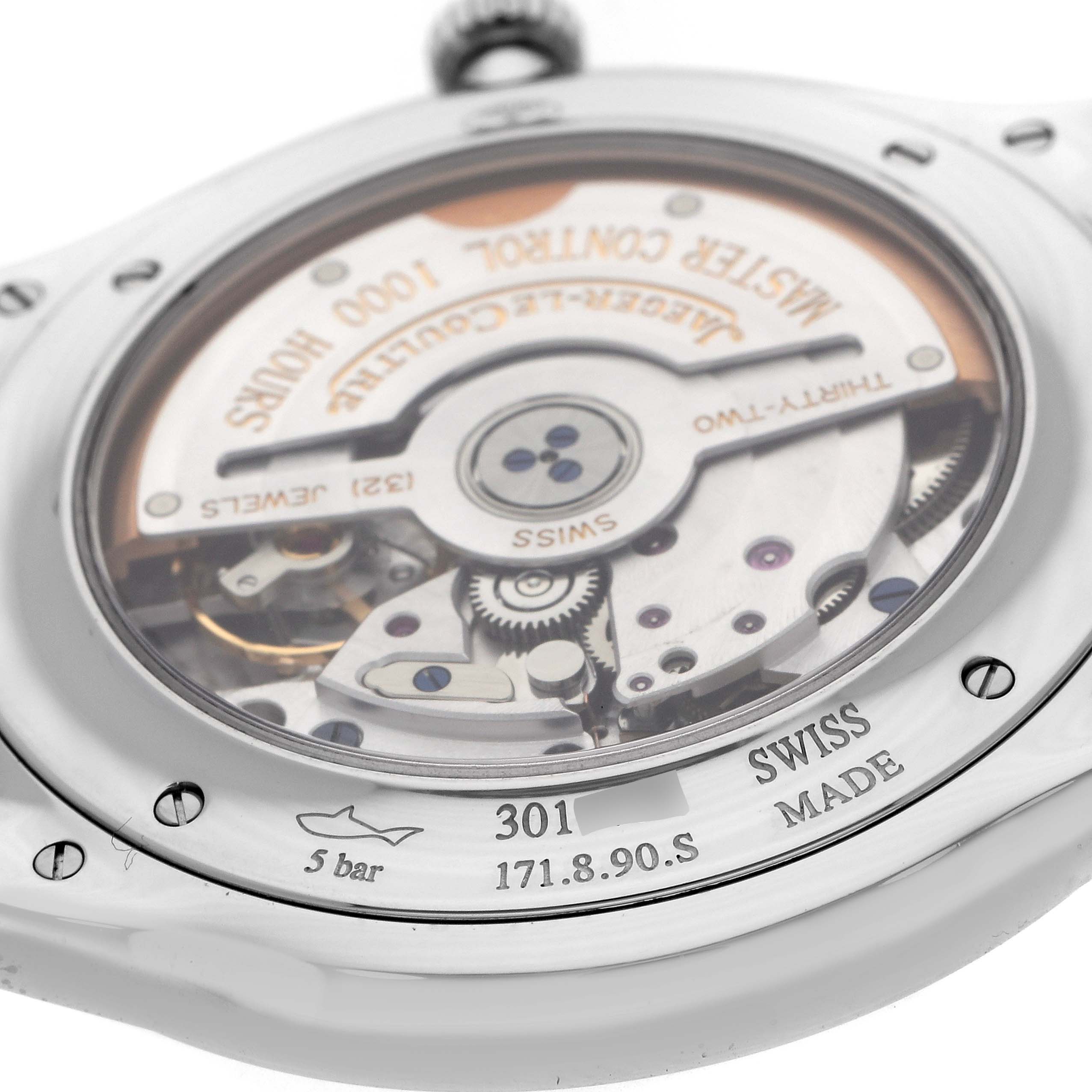 The image shows the back of a Jaeger LeCoultre Master 171.8.90.S Q1278420 Men
s Stainless Steel Silver Dial watch, focusing on the transparent case back and visible movement components.