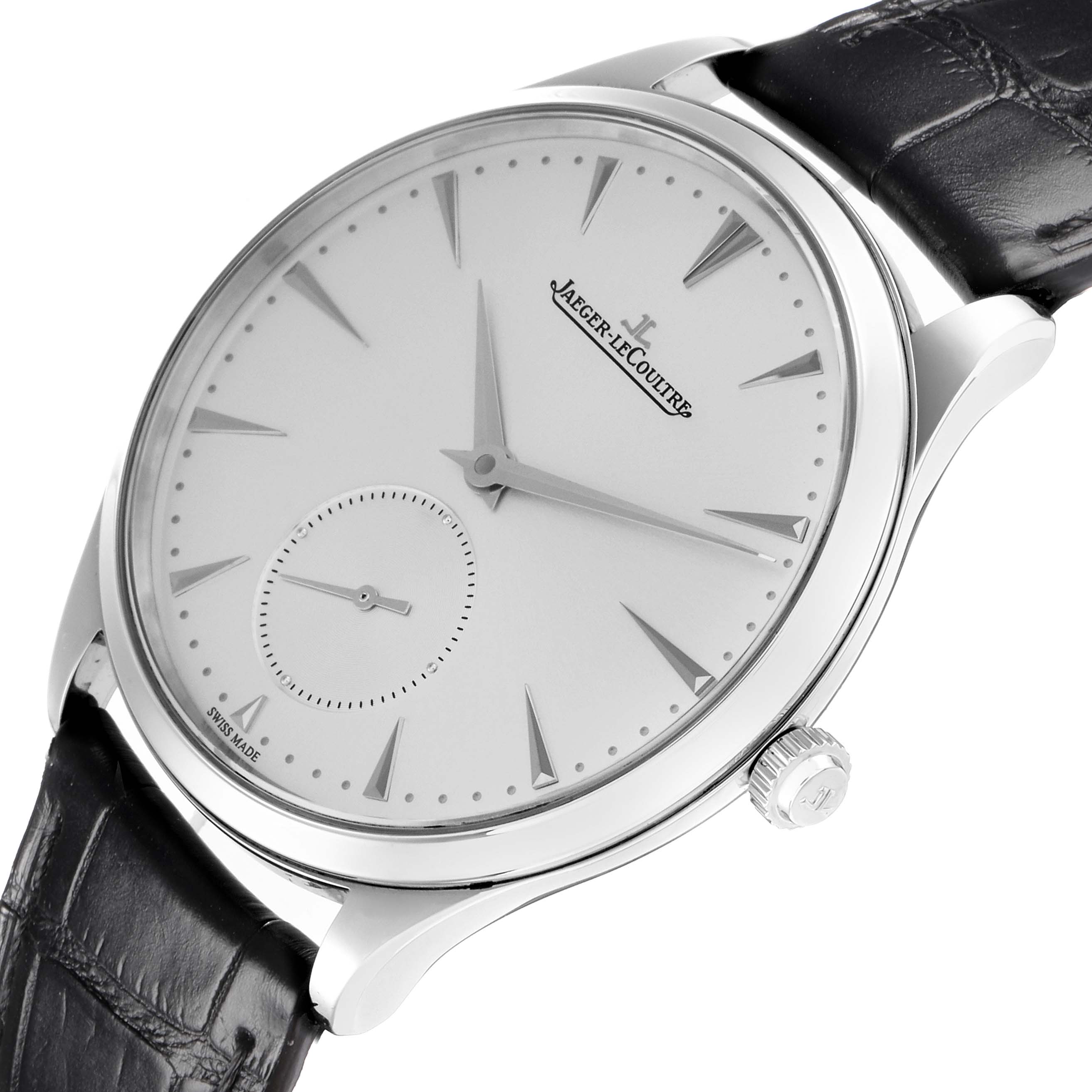 The Jaeger-LeCoultre Master watch is shown at a slight angle highlighting its dial, hands, case, and black leather strap.