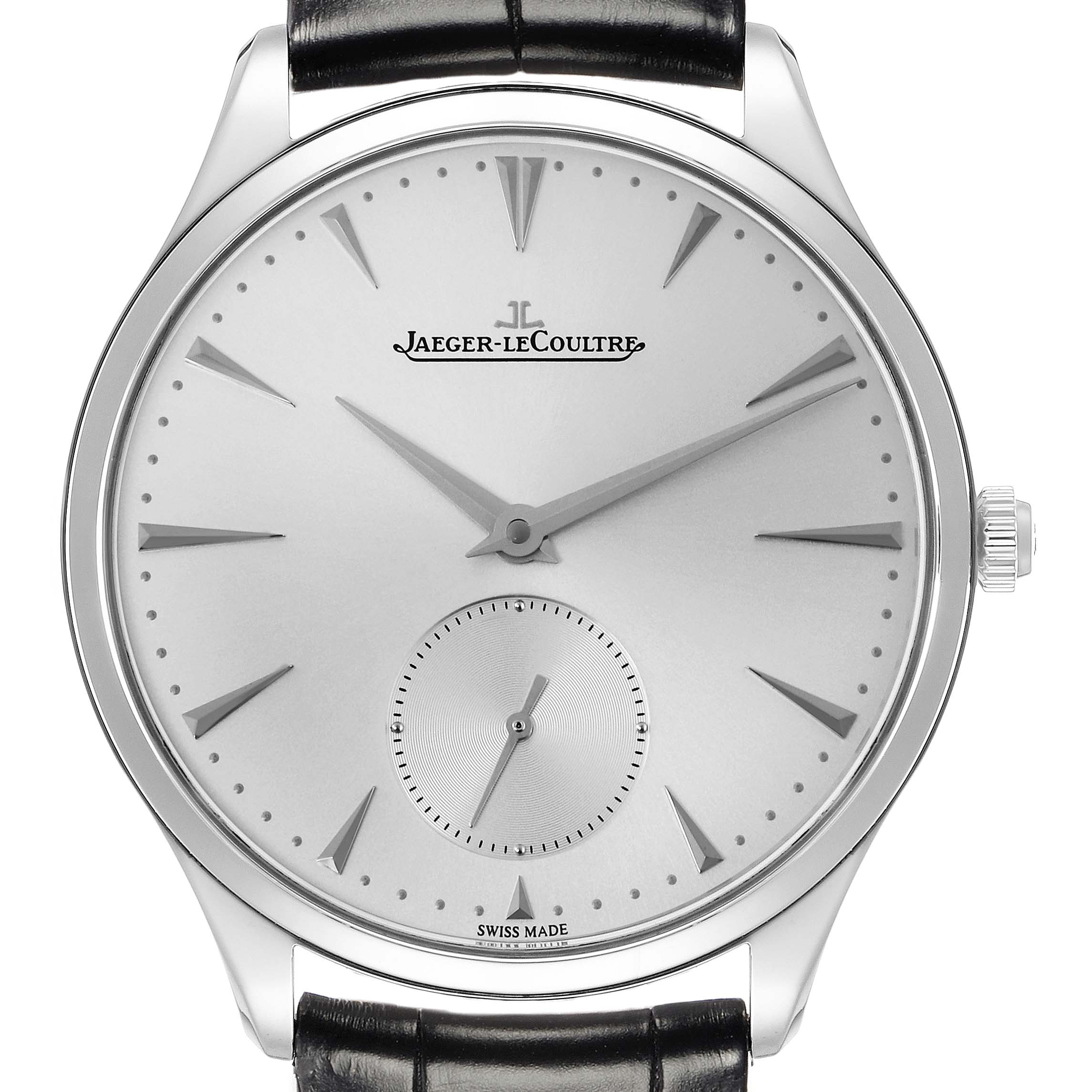 The Jaeger-LeCoultre Master model watch is shown from the front, displaying its dial, hands, markers, and crown.