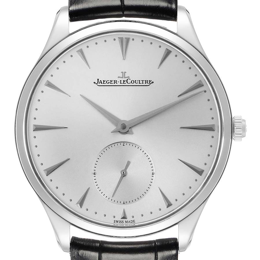 This image shows a frontal view of the Jaeger LeCoultre Master model, model number 171.8.90.S Q1278420, highlighting the dial, hour markers, and hands.