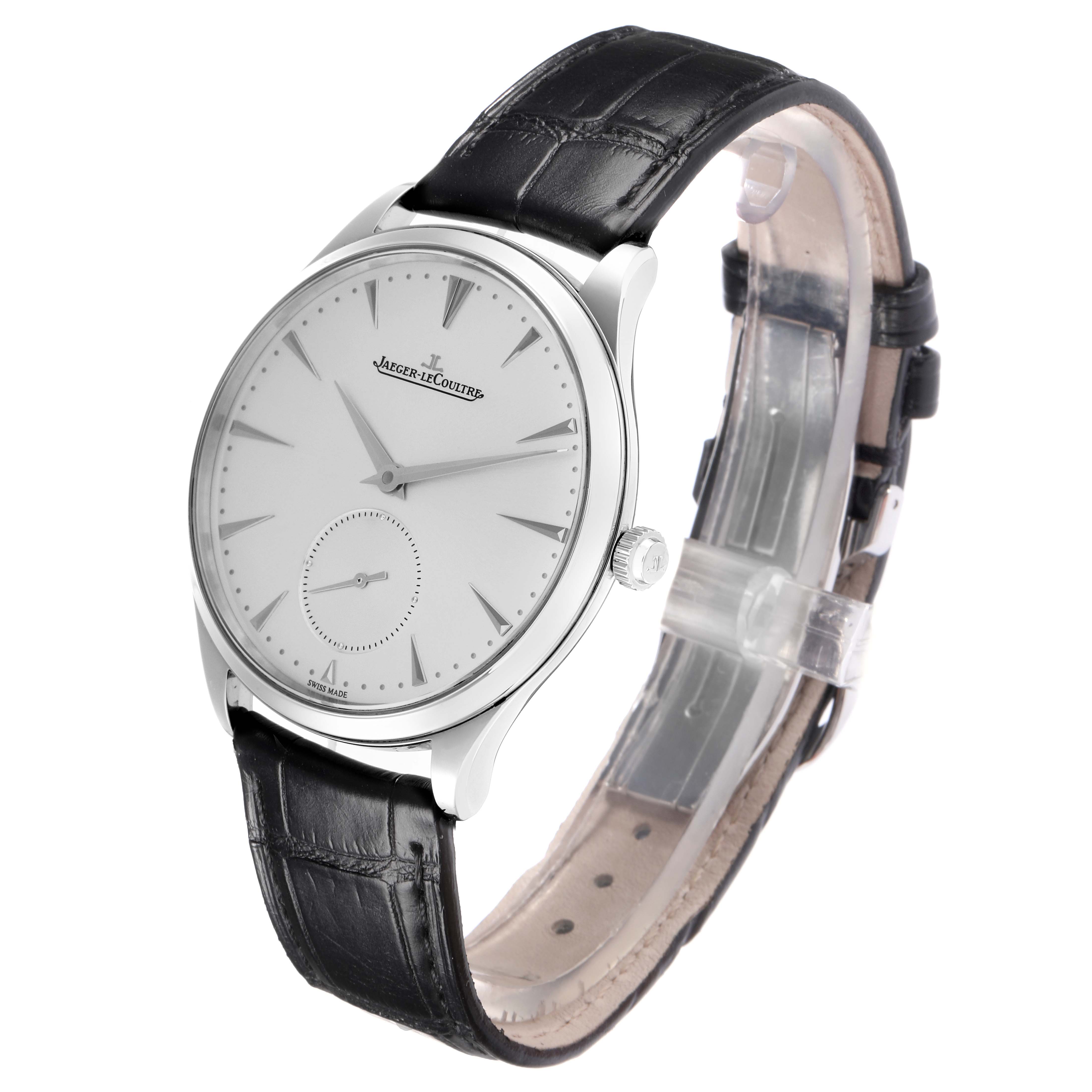 The Jaeger LeCoultre Master 171.8.90.S Q1278420 Men
s Stainless Steel Silver Dial watch is shown at a slight angle, displaying its face, crown, and leather strap.