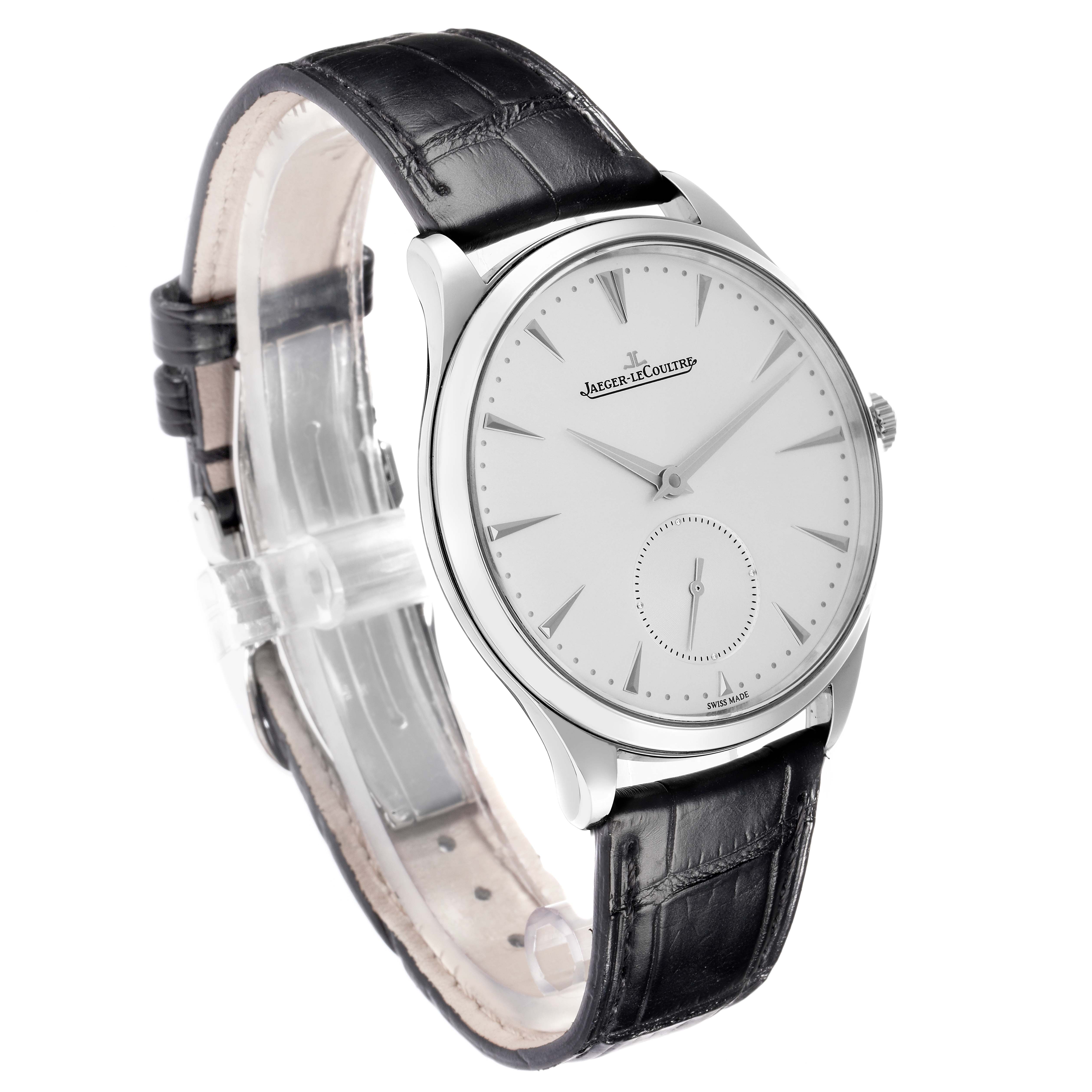 The Jaeger LeCoultre Master 171.8.90.S Q1278420 Men
s Stainless Steel Silver Dial watch is shown at a three-quarter view, displaying its face, black leather strap, and side profile.