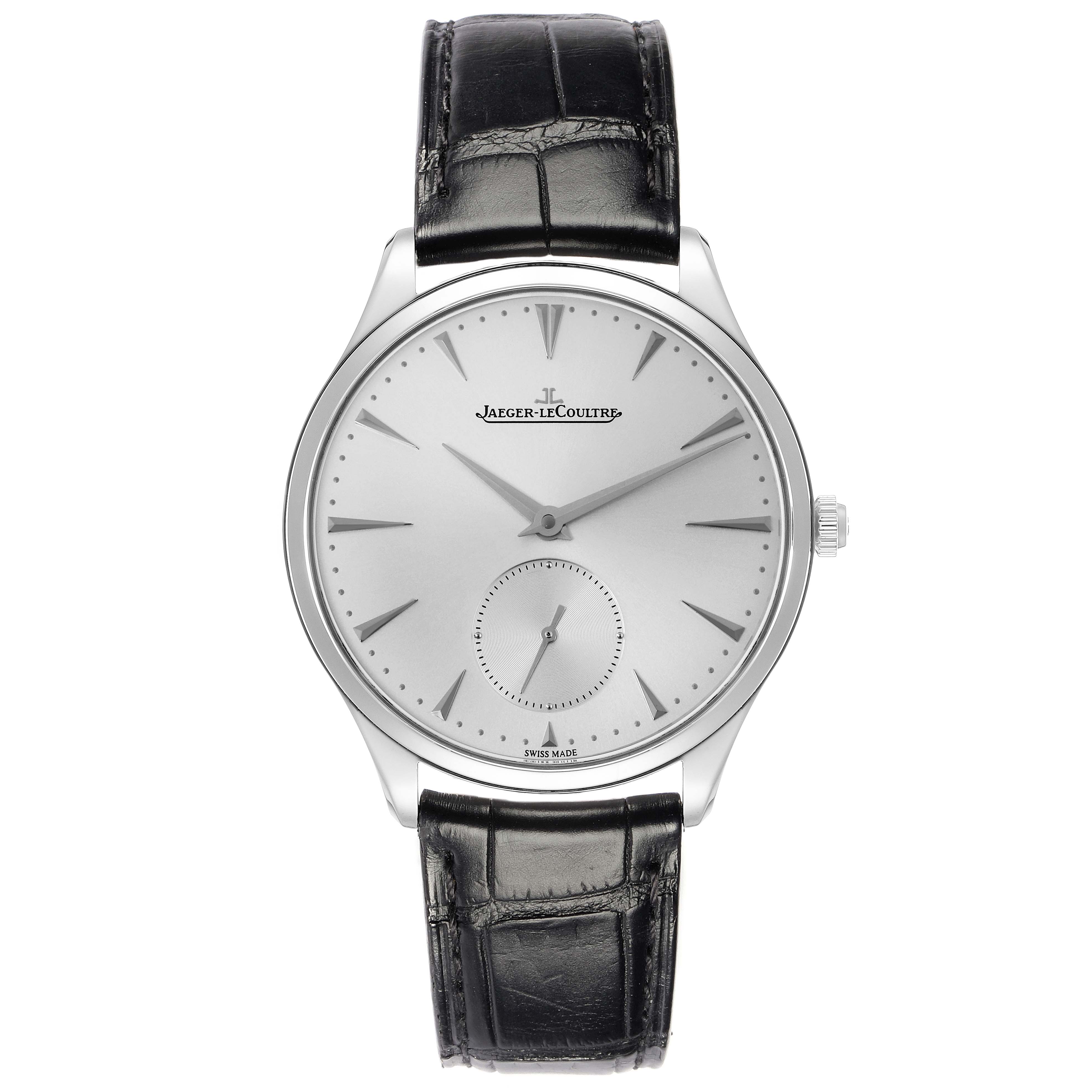 The Jaeger LeCoultre Master 171.8.90.S Q1278420 Men
s Stainless Steel Silver Dial model watch is shown from a front angle, displaying the dial, hands, and leather strap.