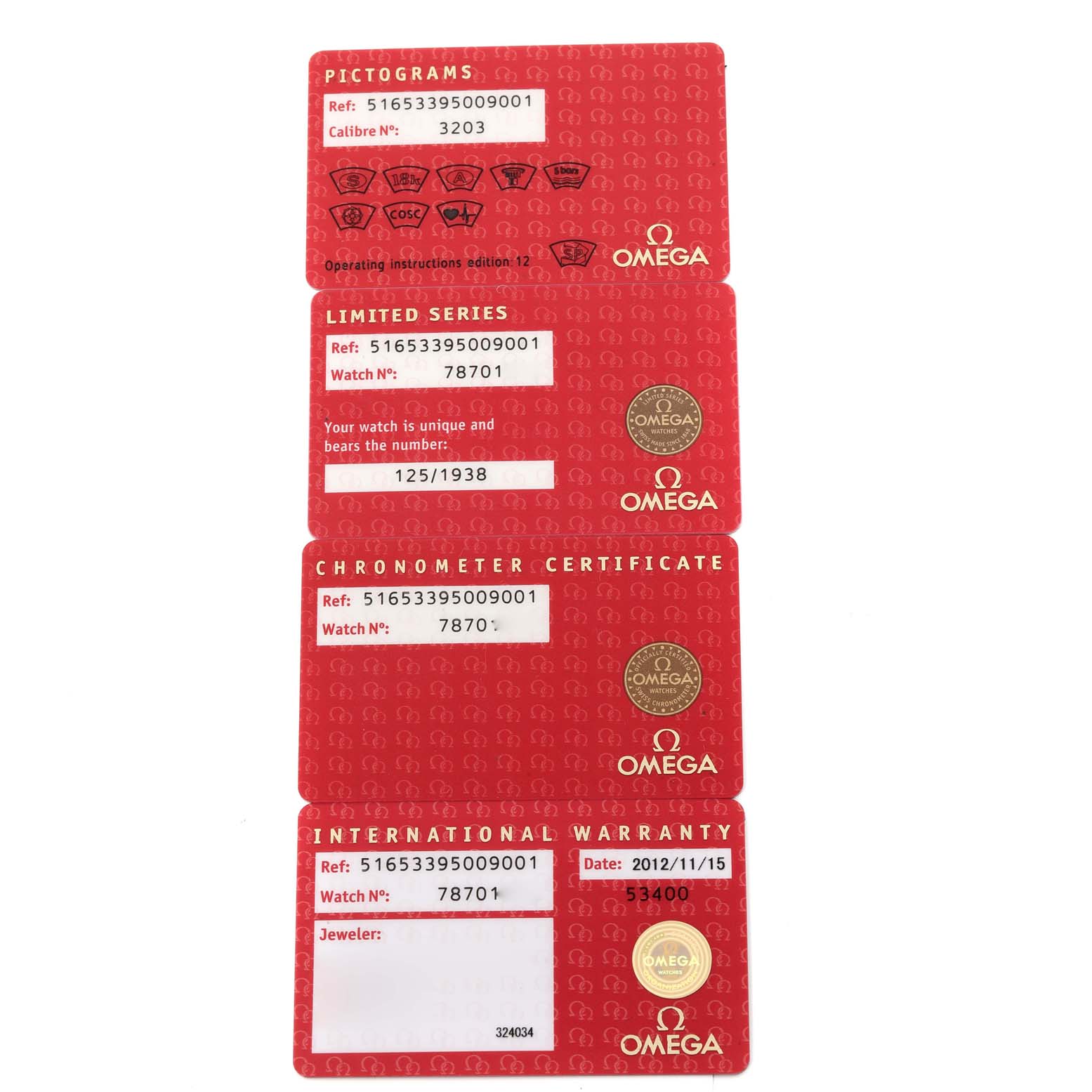 The image shows four identification and certificate cards for an Omega Museum 516.53.39.50.09.001 Men's Yellow Gold White Dial 516.53.39.50.09.001 Men's Yellow Gold White Dial model watch, including pictograms, limited series number, chronometer certificate, and international warranty.