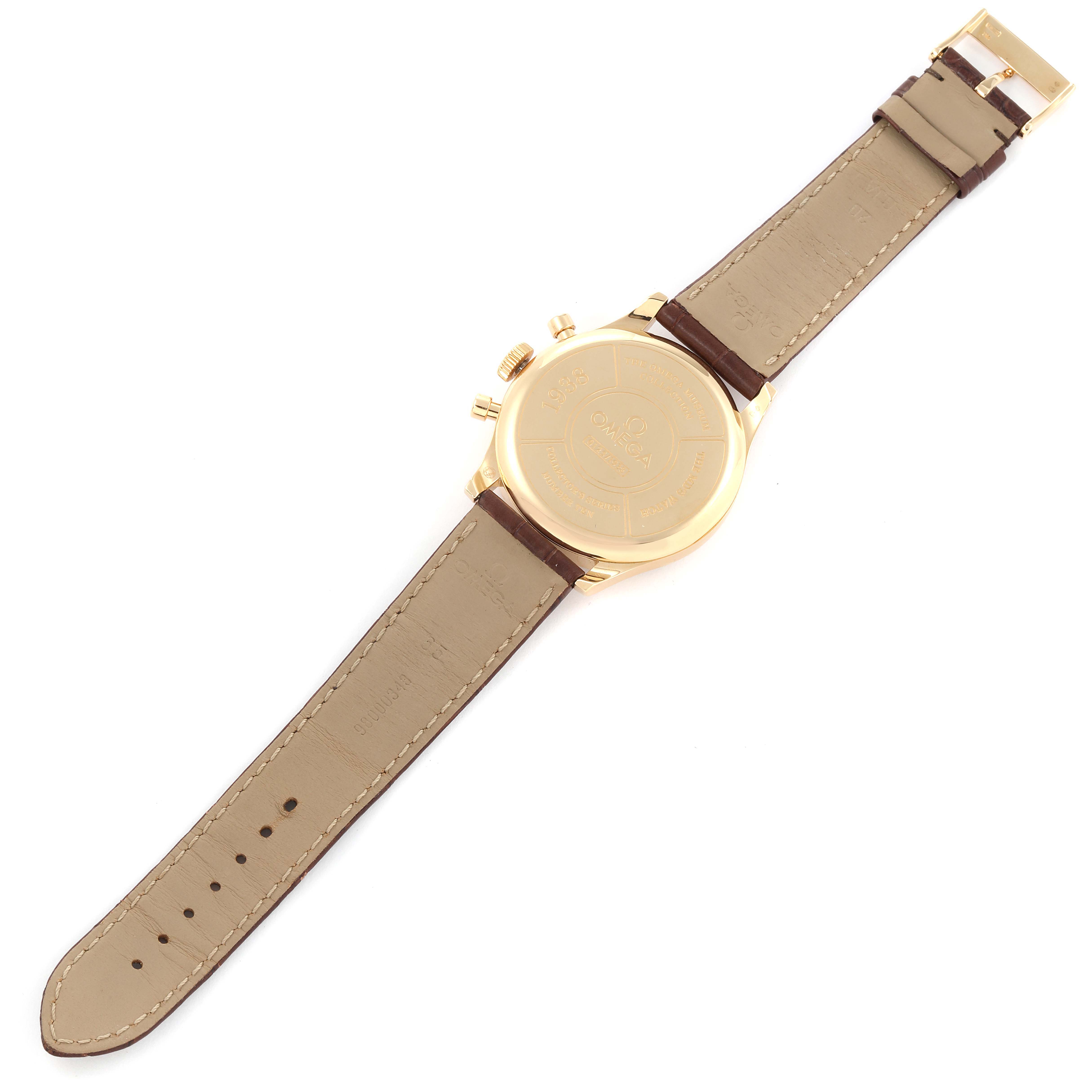 The image shows the back of an Omega Museum 516.53.39.50.09.001 Men's Yellow Gold White Dial 516.53.39.50.09.001 Men's Yellow Gold White Dial model watch, including the strap and buckle.