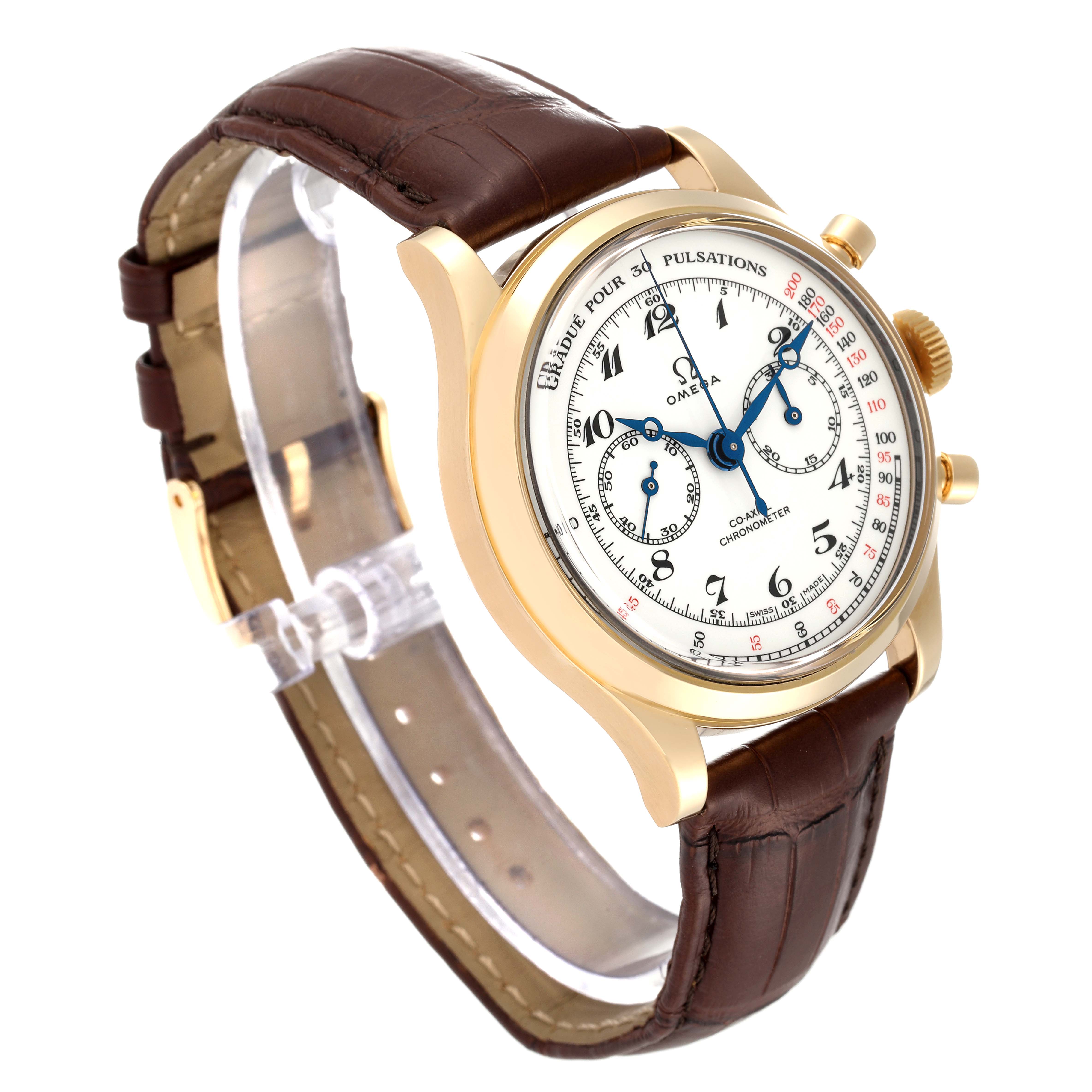 The Omega Museum 516.53.39.50.09.001 Men's Yellow Gold White Dial 516.53.39.50.09.001 Men's Yellow Gold White Dial model watch is shown at a side angle, displaying its dial, gold case, and brown leather strap.