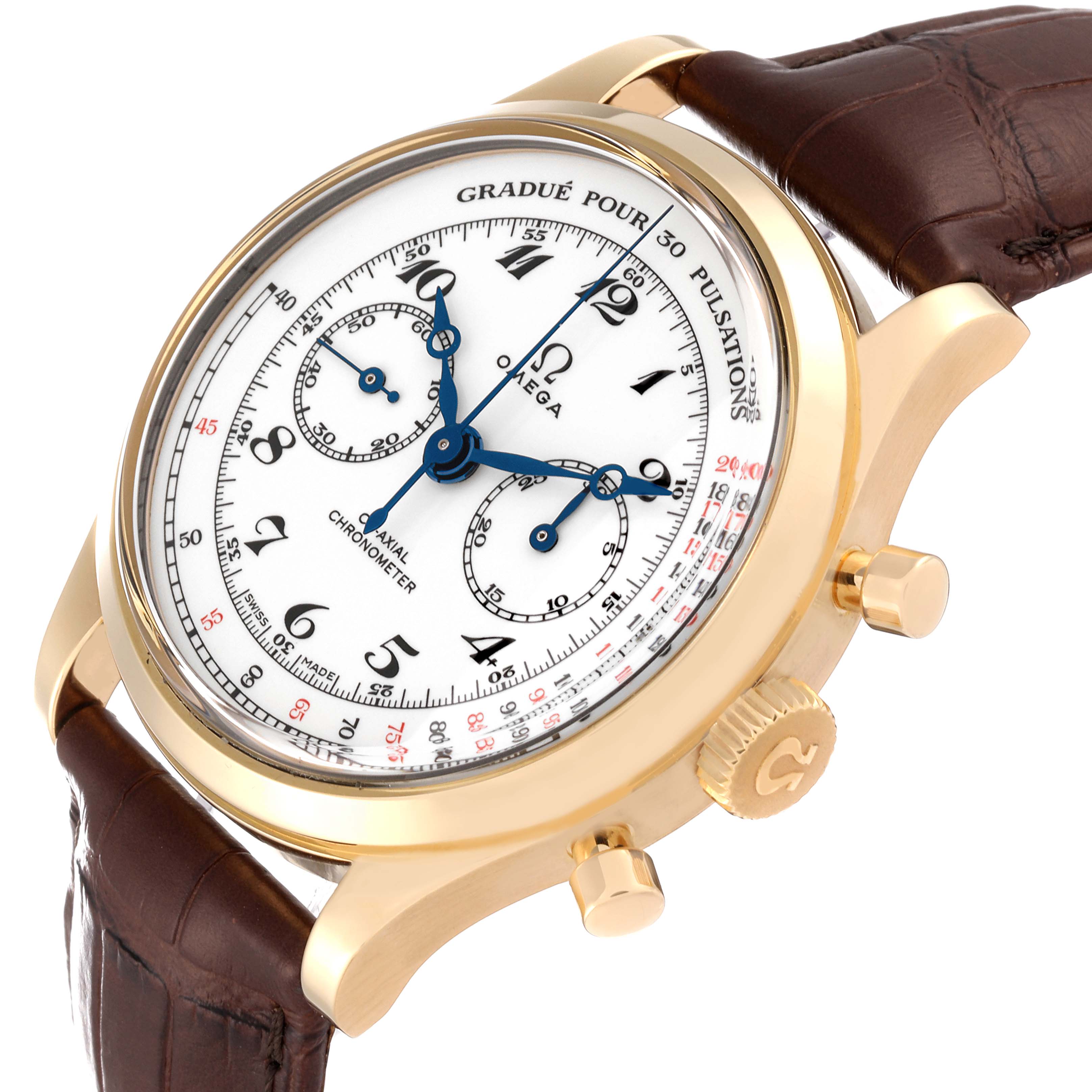 The Omega Museum 516.53.39.50.09.001 Men's Yellow Gold White Dial 516.53.39.50.09.001 Men's Yellow Gold White Dial model watch is shown at an angle highlighting its face, gold casing, side buttons, and brown leather strap.