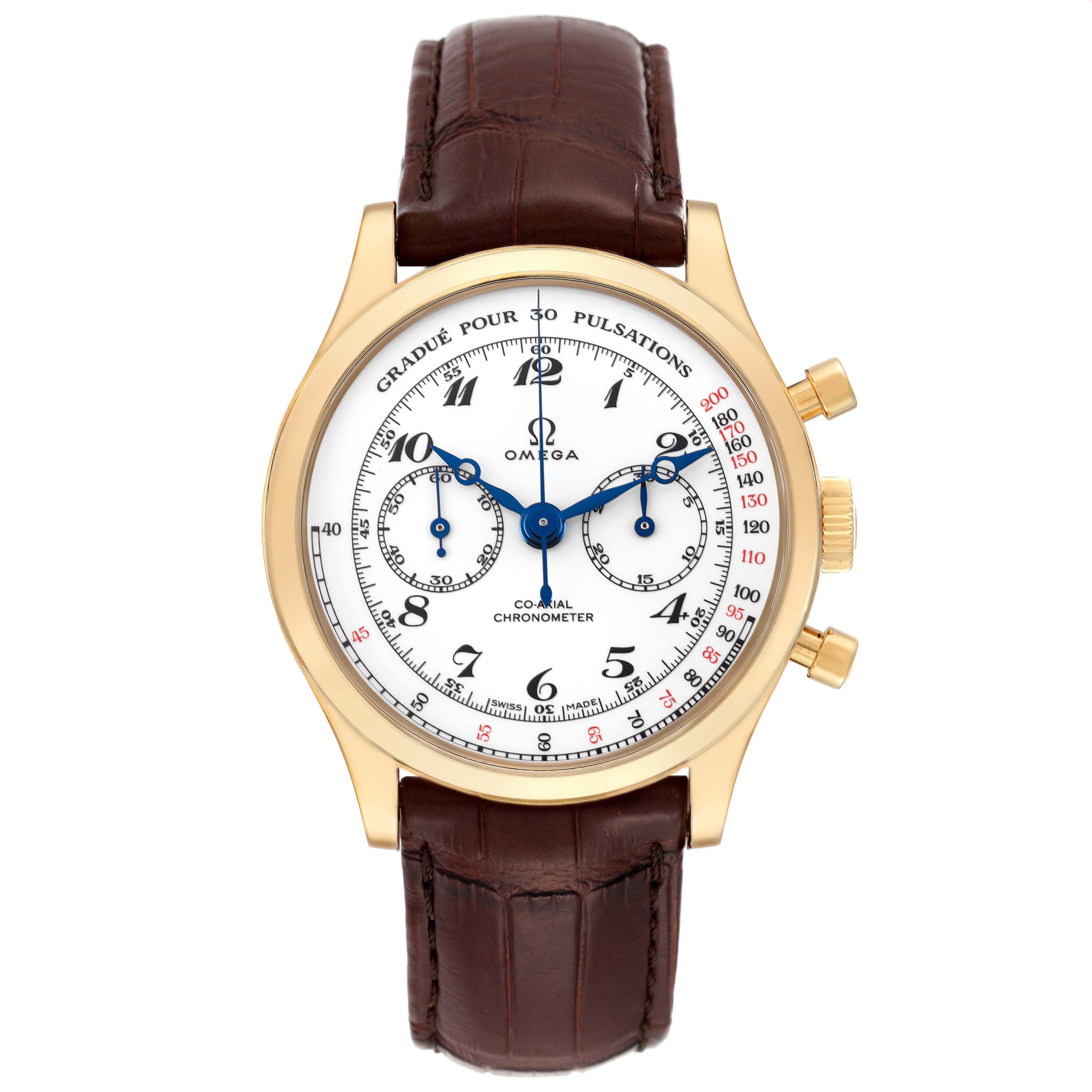 This image shows a front view of the Omega Museum 516.53.39.50.09.001 Men's Yellow Gold White Dial 516.53.39.50.09.001 Men's Yellow Gold White Dial model watch with a brown leather strap and gold case.