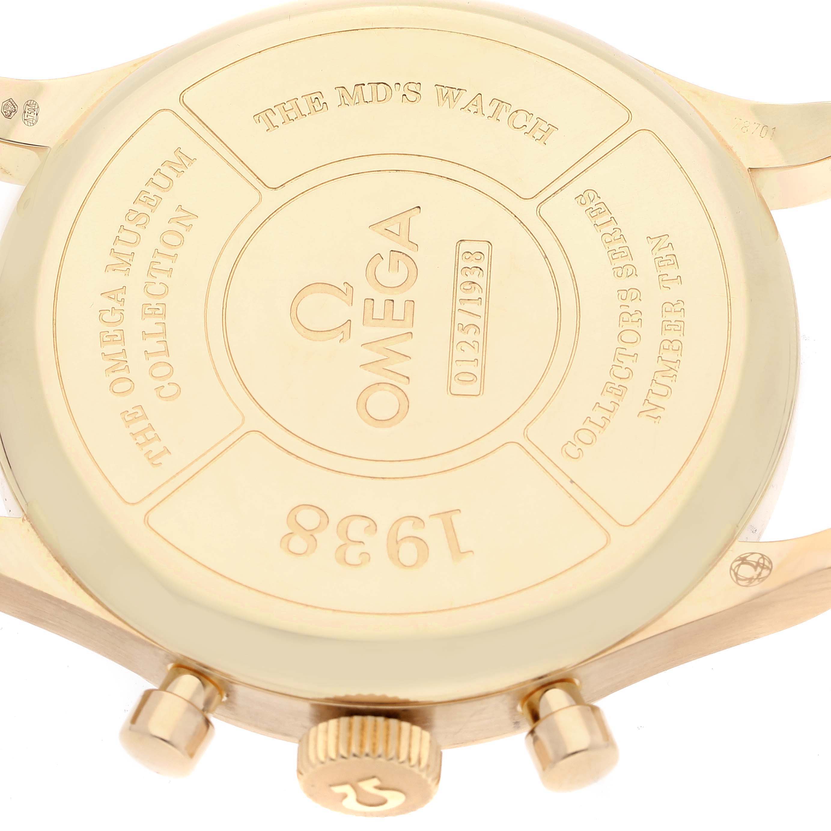 This image shows the back case and side view of an Omega Museum 516.53.39.50.09.001 Men's Yellow Gold White Dial 516.53.39.50.09.001 Men's Yellow Gold White Dial model watch, highlighting the engraved details and crown.