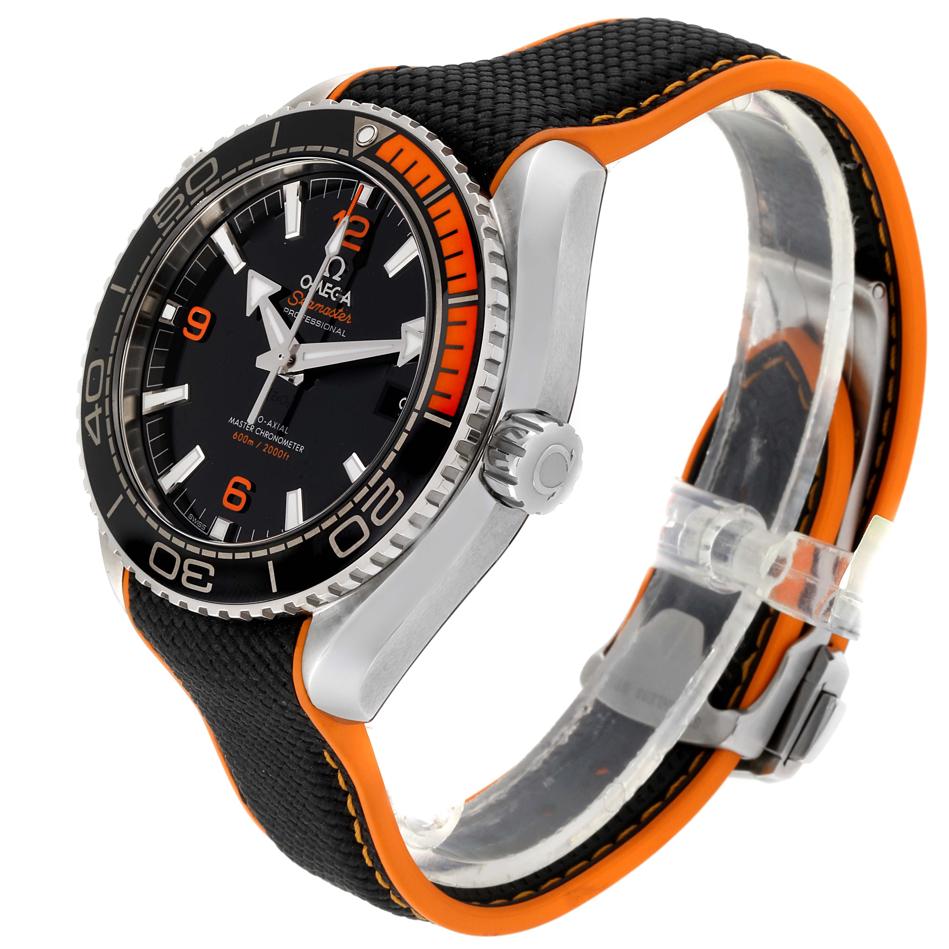 The Omega Planet Ocean 215.32.44.21.01.003 Men
s Stainless Steel Black Dial 215.32.44.21.01.003 Men
s Stainless Steel Black Dial watch is shown from a three-quarter angle, displaying its face, bezel, crown, and strap.