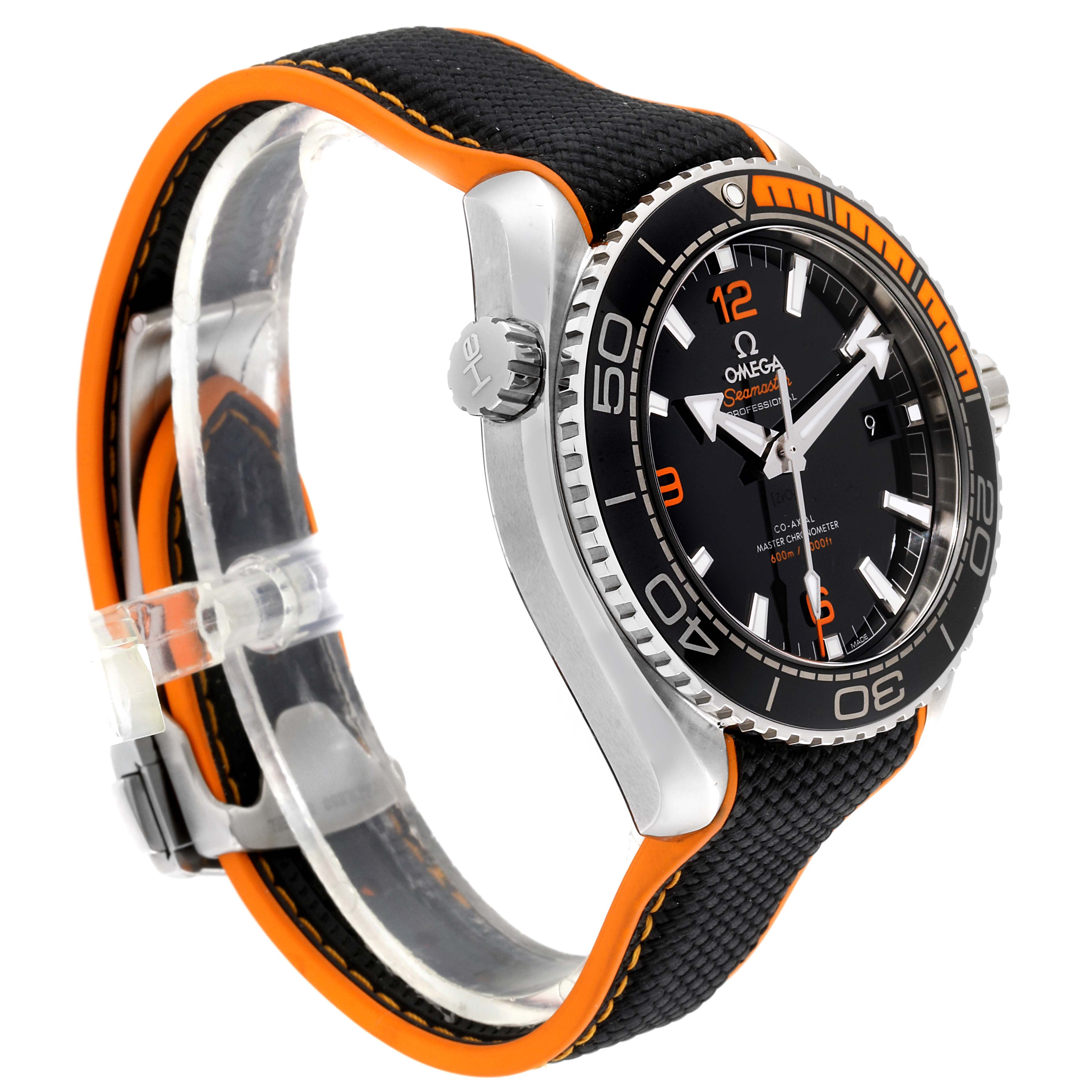 The Omega Planet Ocean 215.32.44.21.01.003 Men
s Stainless Steel Black Dial 215.32.44.21.01.003 Men
s Stainless Steel Black Dial watch is shown at an angle with its face, crown, bezel, and strap visible.