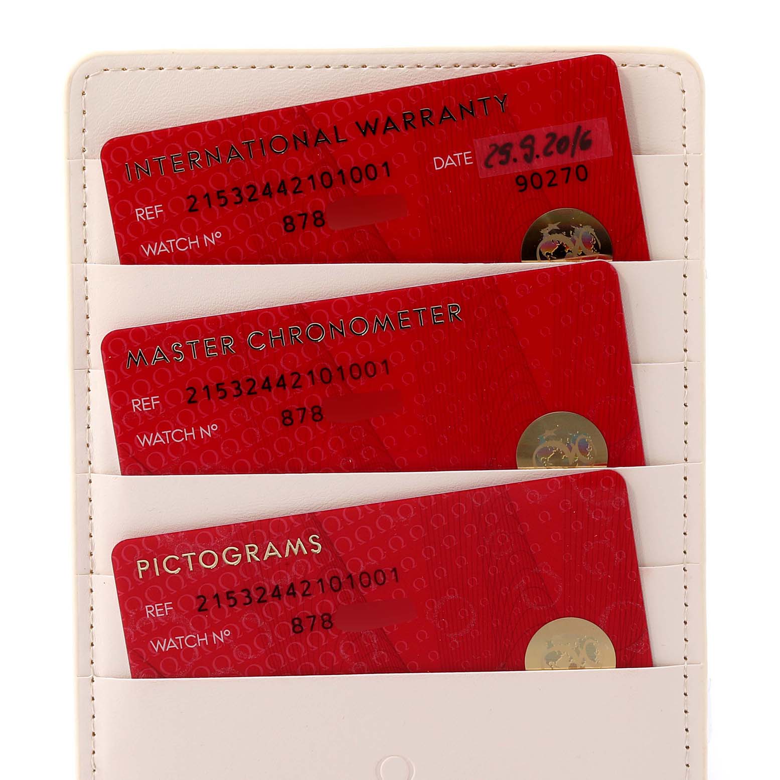 The image shows warranty and certification cards for the Omega Planet Ocean 215.32.44.21.01.003 Men
s Stainless Steel Black Dial 215.32.44.21.01.003 Men
s Stainless Steel Black Dial watch model in a white cardholder.